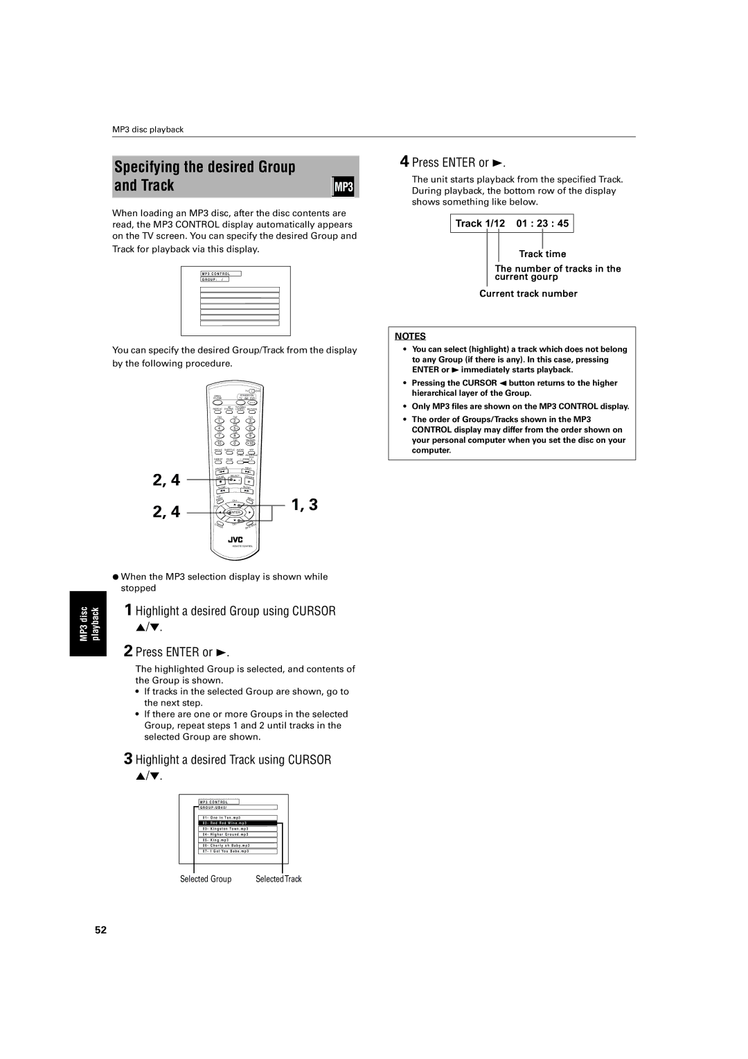 JVC XV-SA70BK manual Specifying the desired Group and Track, Highlight a desired Group using Cursor Press Enter or 