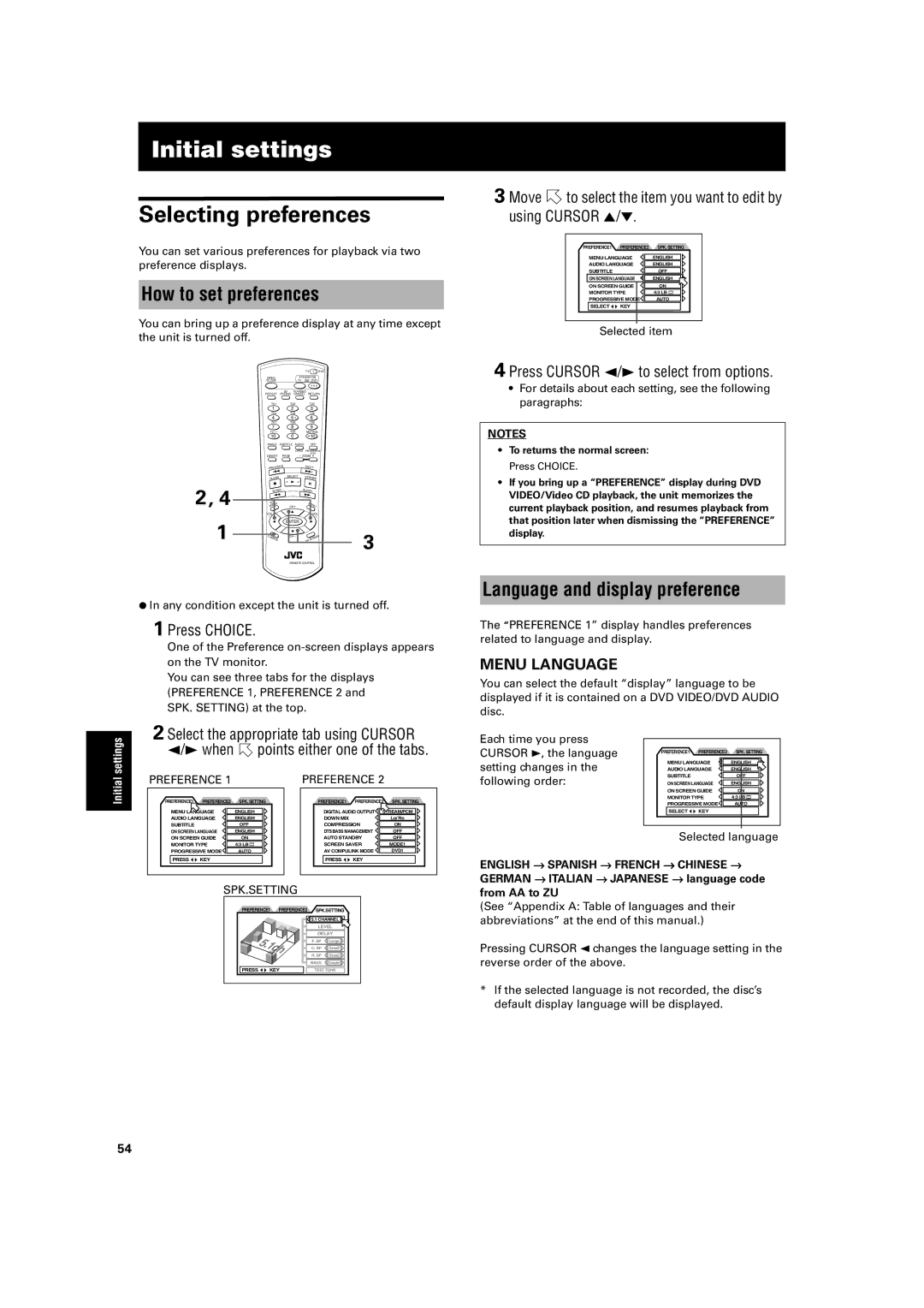 JVC XV-SA70BK manual Initial settings, Selecting preferences, How to set preferences, Language and display preference 