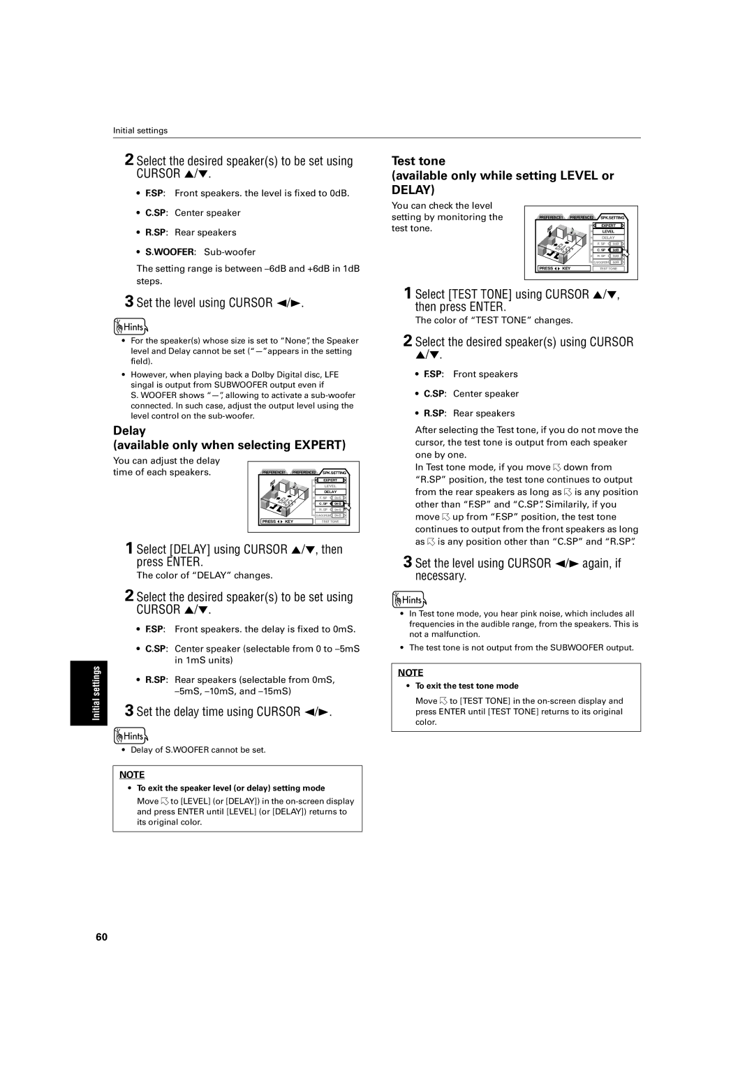 JVC XV-SA70BK manual Test tone Available only while setting Level or, Delay Available only when selecting Expert 