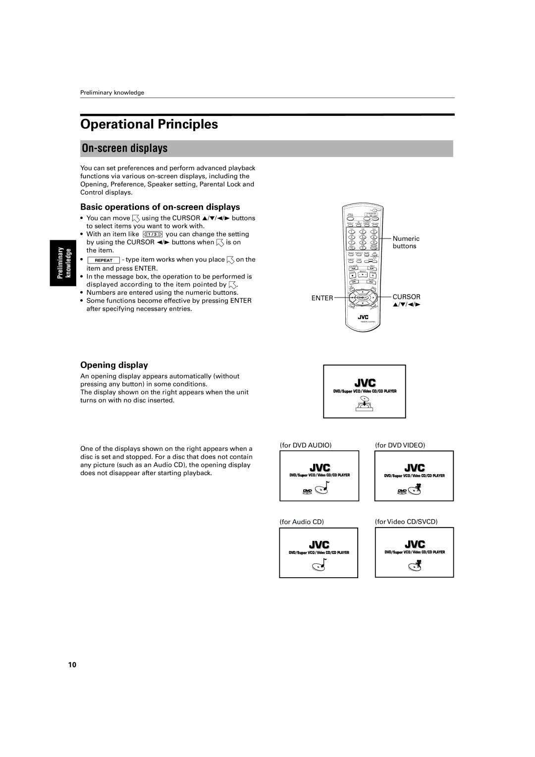 JVC XV-SA72SL manual Operational Principles, On-screen displays, Basic operations of on-screen displays, Opening display 