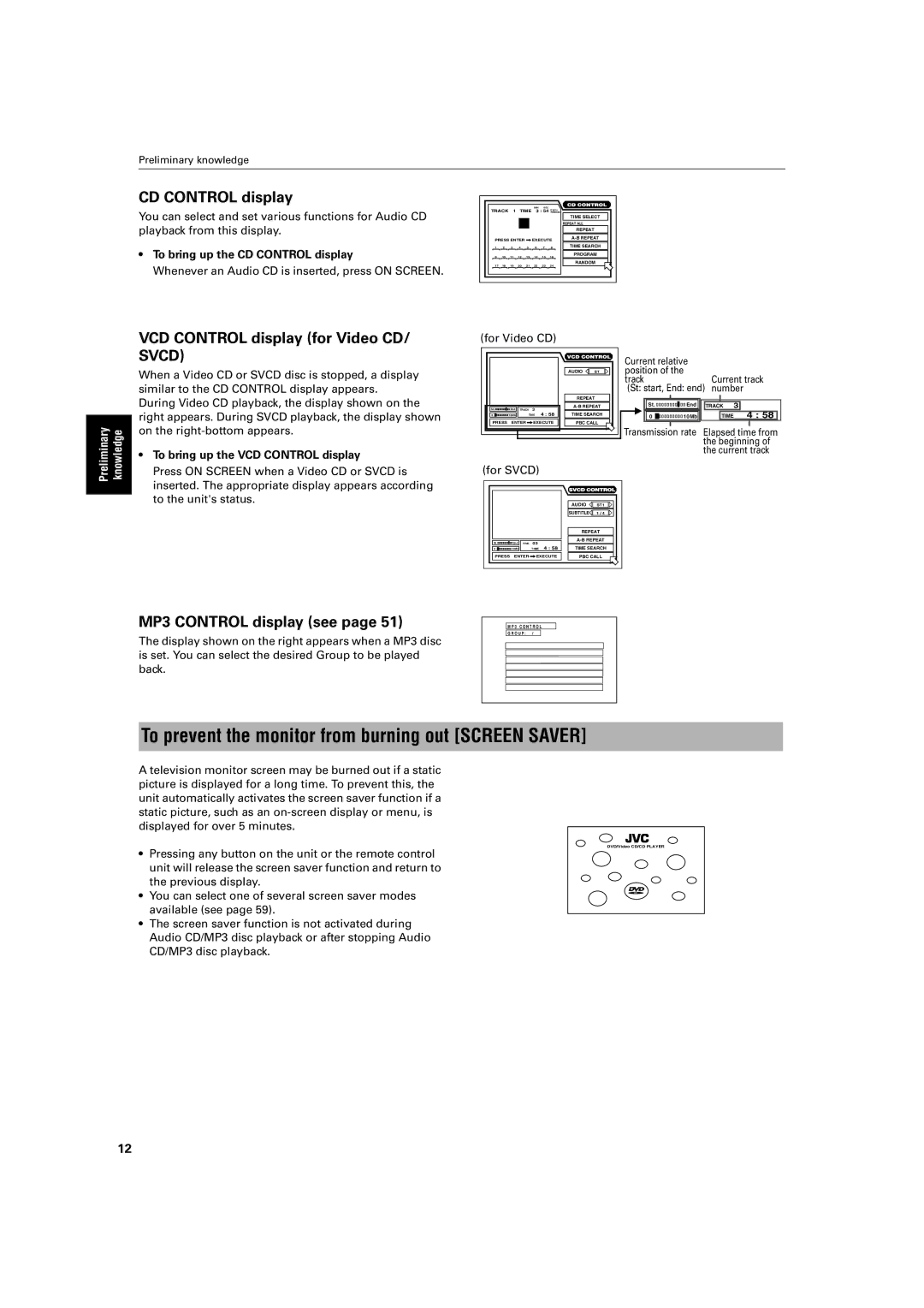 JVC XV-SA72SL manual To prevent the monitor from burning out Screen Saver, CD Control display, MP3 Control display see 