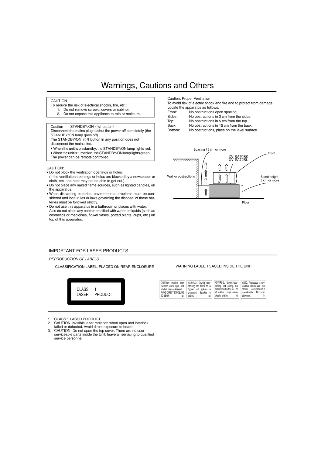 JVC XV-SA72SL manual Important for Laser Products 