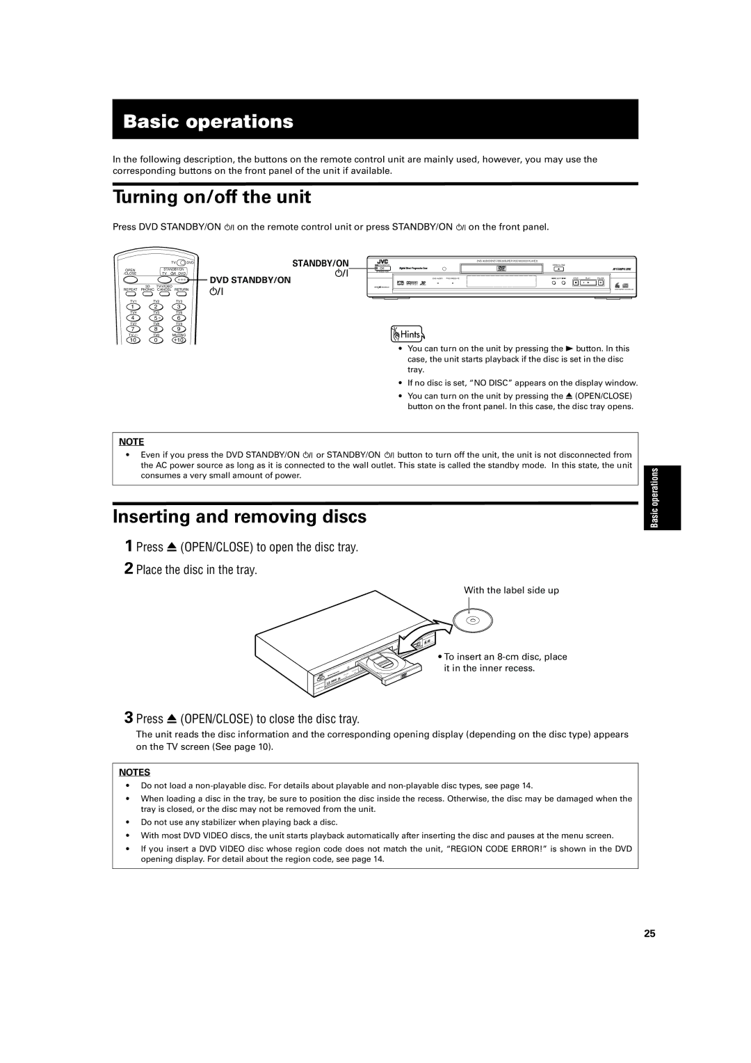 JVC XV-SA72SL manual Basic operations, Turning on/off the unit, Inserting and removing discs 