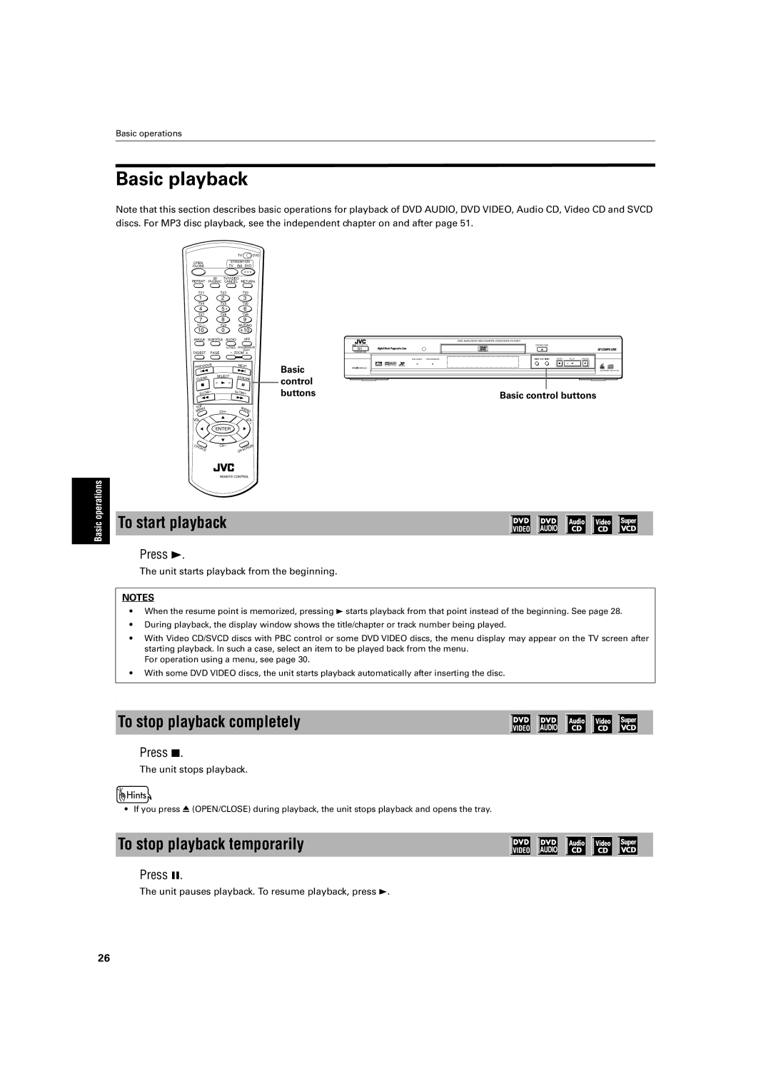 JVC XV-SA72SL manual Basic playback, To start playback, To stop playback completely, To stop playback temporarily, Press 