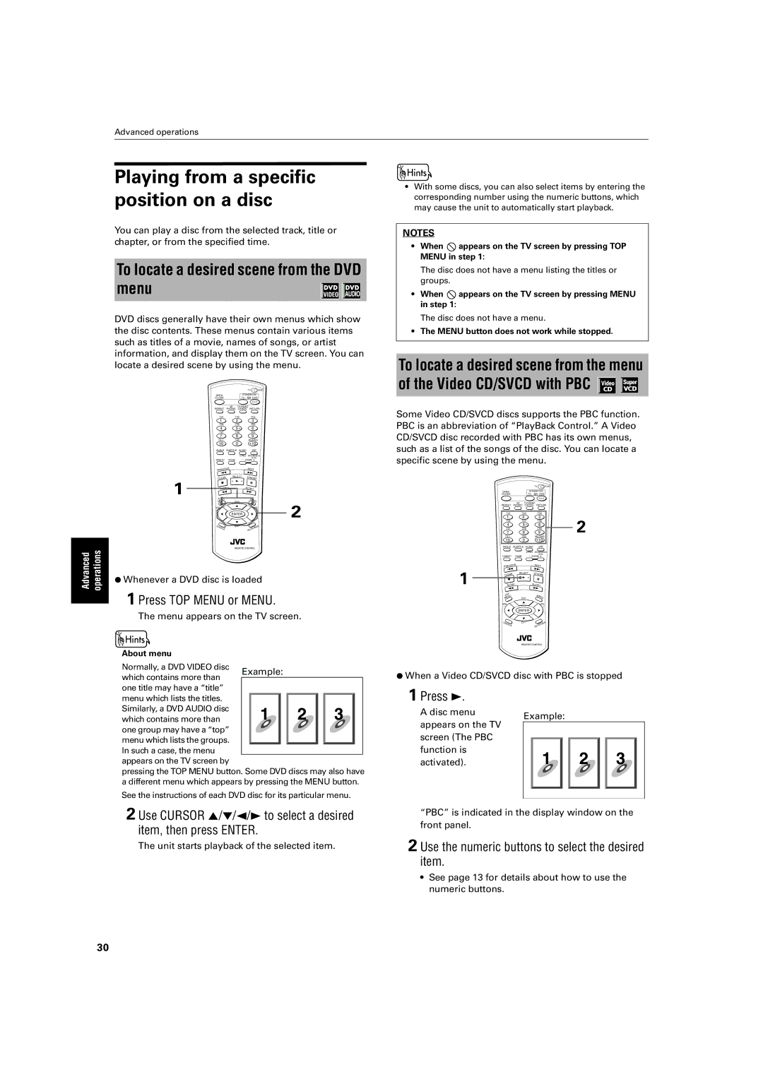 JVC XV-SA72SL manual To locate a desired scene from the DVD menu, Press TOP Menu or Menu, ¶ Whenever a DVD disc is loaded 