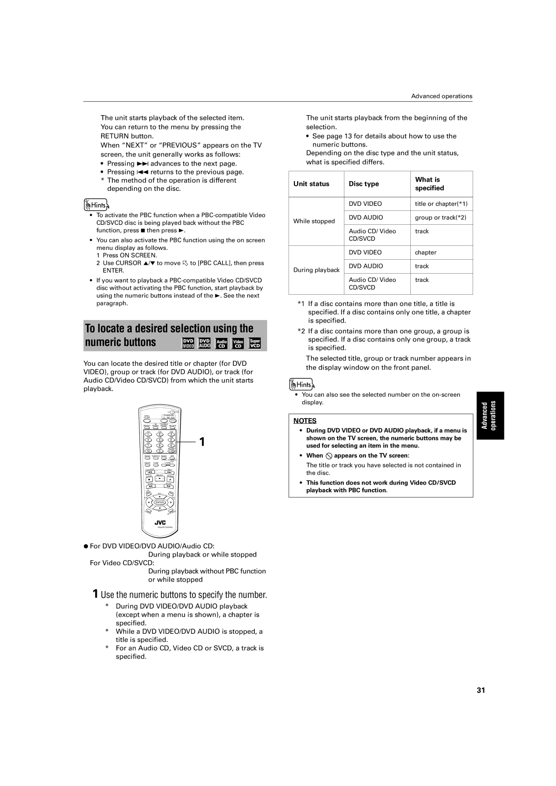 JVC XV-SA72SL manual Use the numeric buttons to specify the number, Unit status Disc type What is Specified 