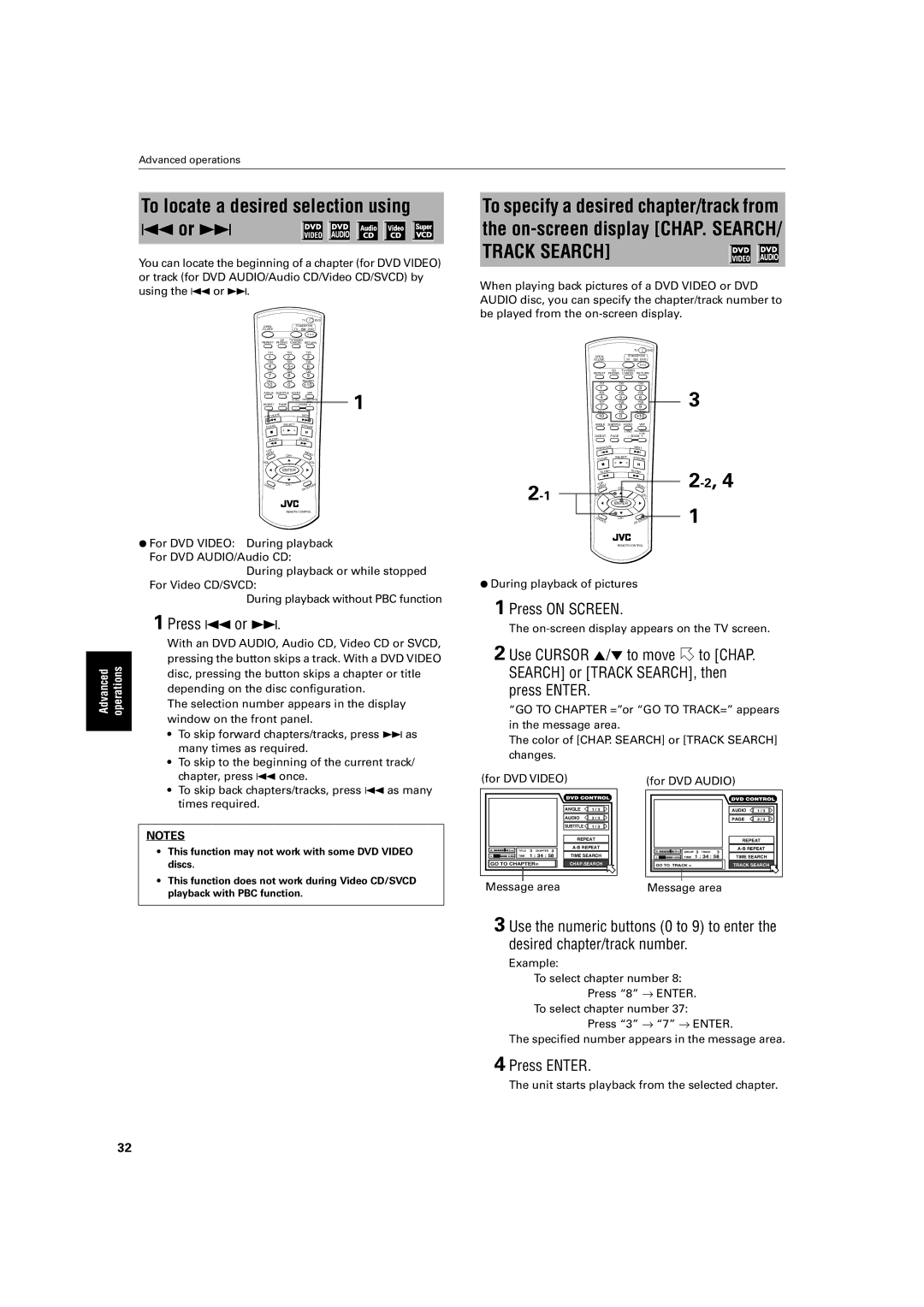 JVC XV-SA72SL manual To locate a desired selection using 4 or ¢, Press on Screen, Press Enter, Message area For DVD Audio 