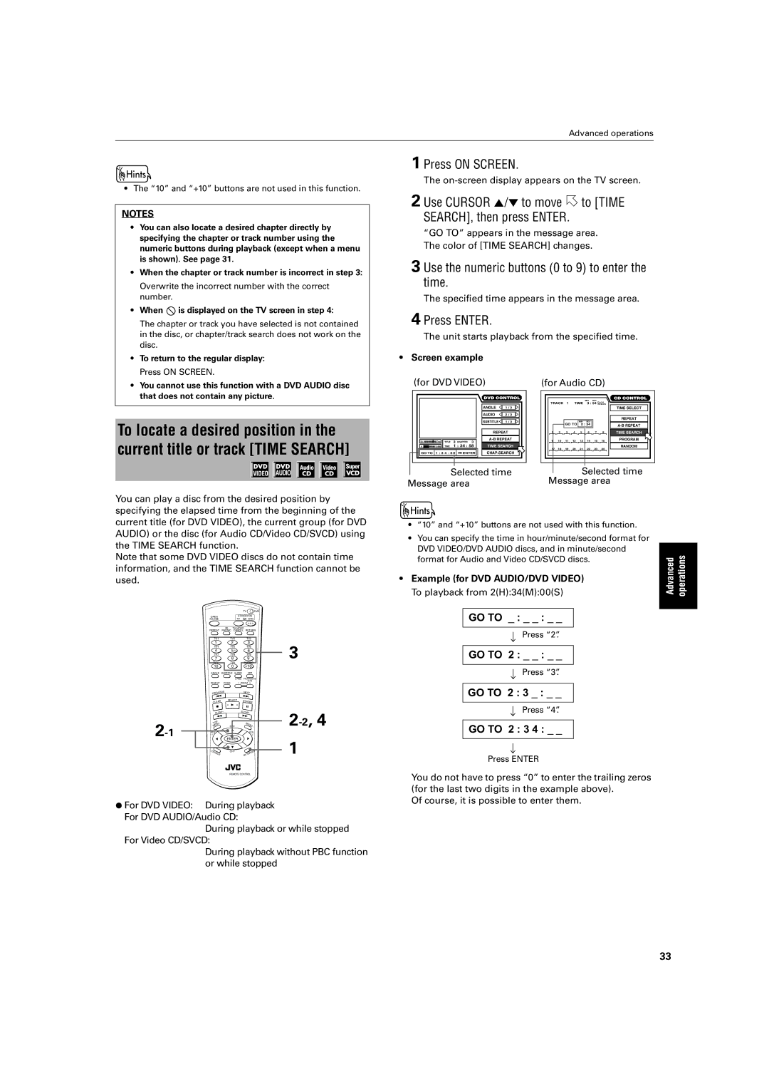 JVC XV-SA72SL Use Cursor 5/∞ to move to Time SEARCH, then press Enter, Use the numeric buttons 0 to 9 to enter the time 