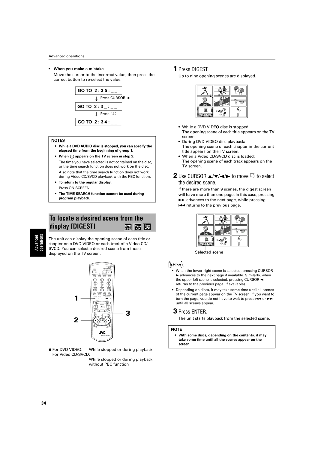 JVC XV-SA72SL manual To locate a desired scene from the display Digest, Press Digest, When you make a mistake 