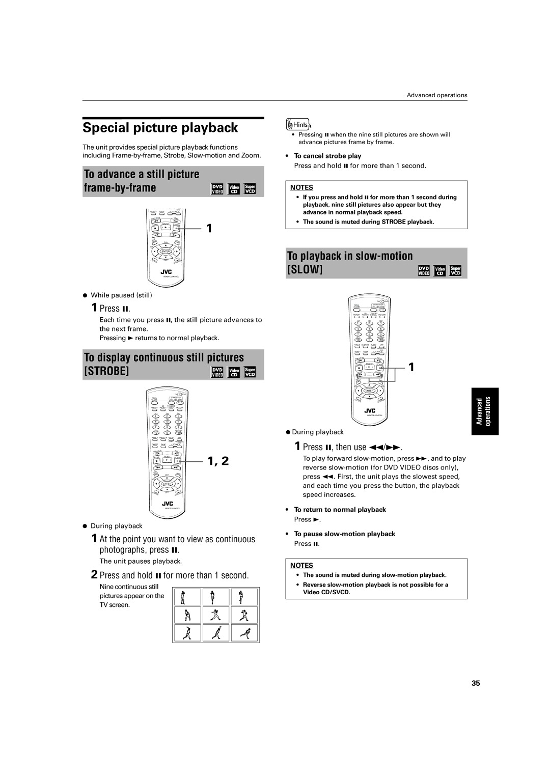 JVC XV-SA72SL manual Special picture playback, To playback in slow-motion Slow, To display continuous still pictures Strobe 