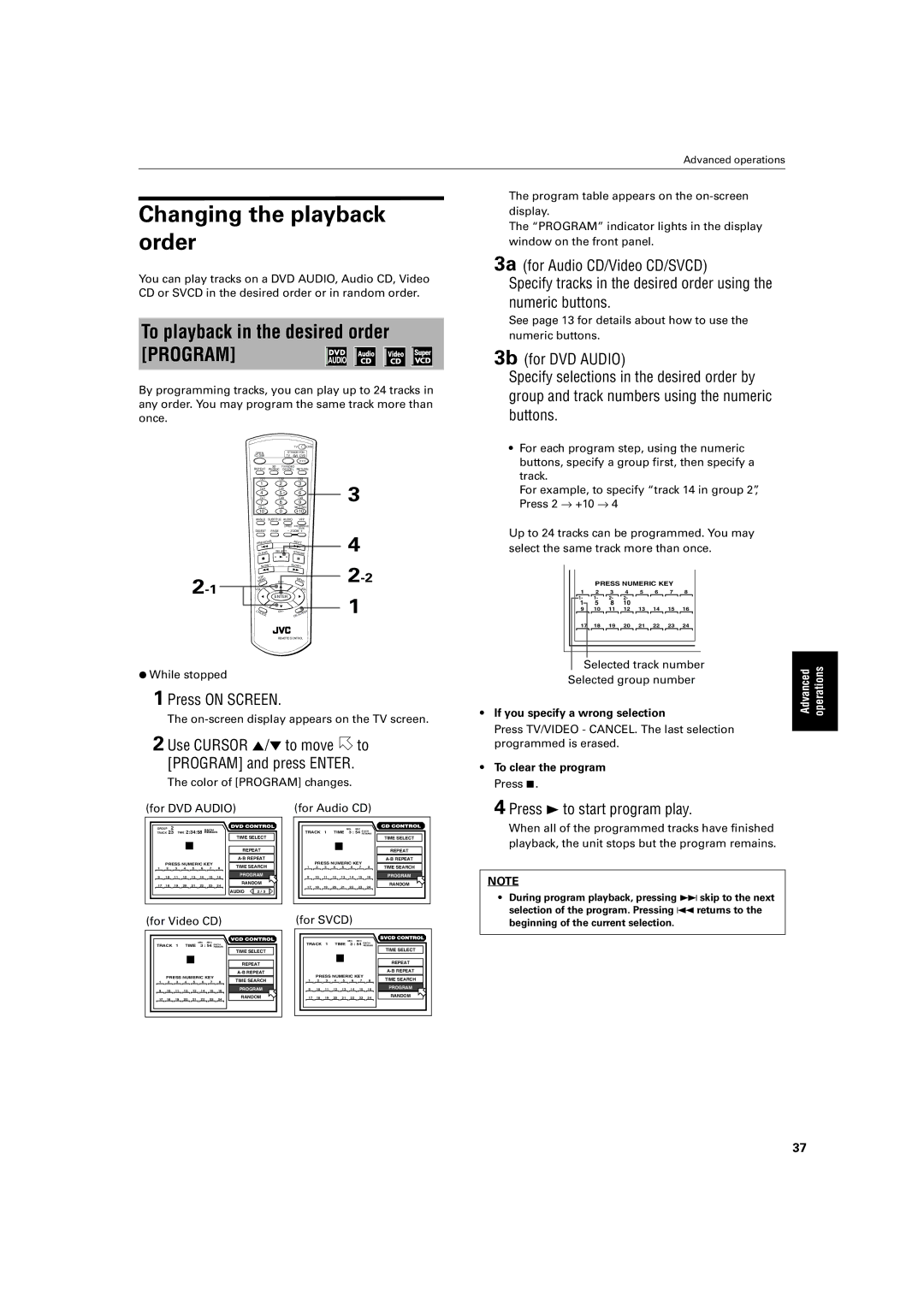 JVC XV-SA72SL manual Changing the playback order, To playback in the desired order Program, Press 3 to start program play 