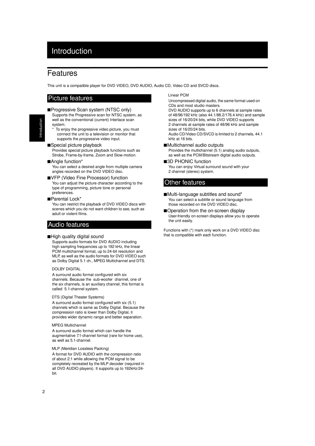 JVC XV-SA72SL manual Introduction, Features 