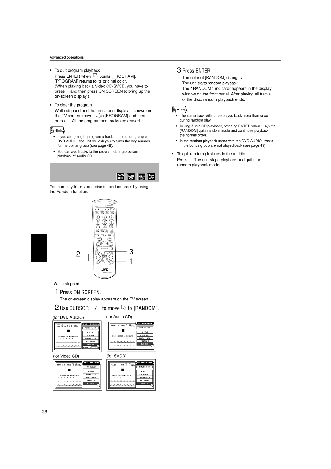 JVC XV-SA72SL manual To playback in random order Random, Use Cursor 5/∞ to move to Random, To quit program playback 