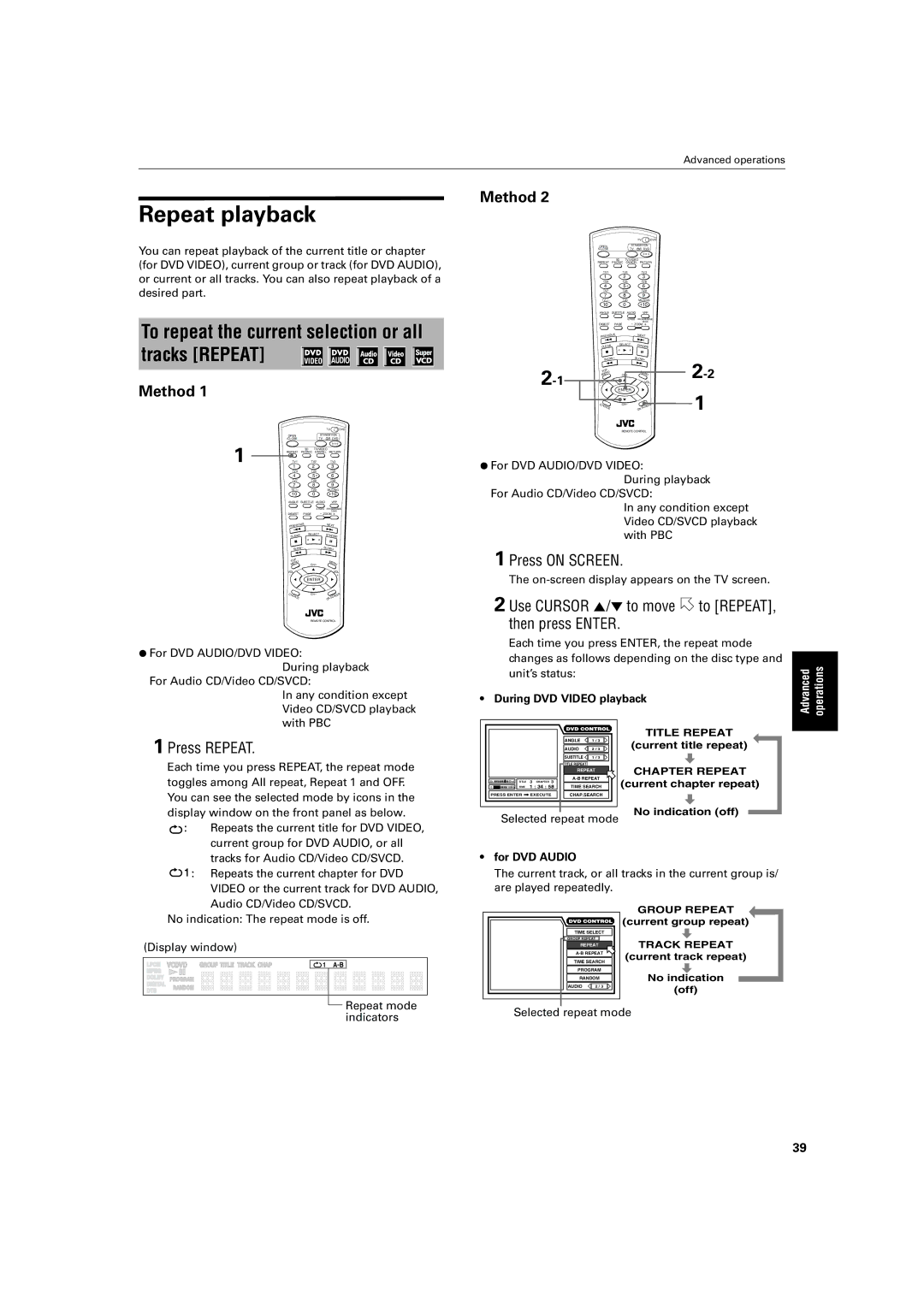 JVC XV-SA72SL Repeat playback, Press Repeat, Use Cursor 5/∞ to move to REPEAT, then press Enter, During DVD Video playback 