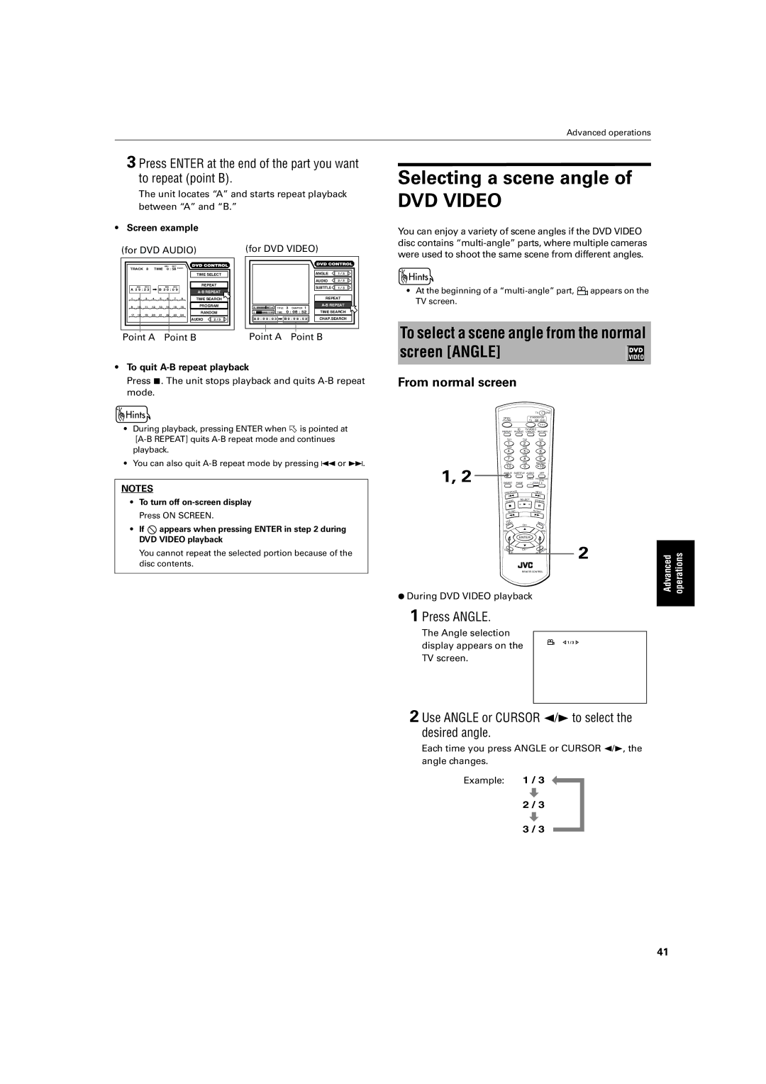 JVC XV-SA72SL manual Selecting a scene angle, To select a scene angle from the normal screen Angle, From normal screen 