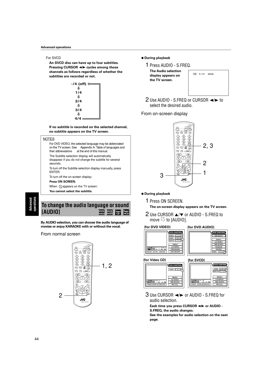 JVC XV-SA72SL manual To change the audio language or sound Audio, Press Audio S.FREQ 