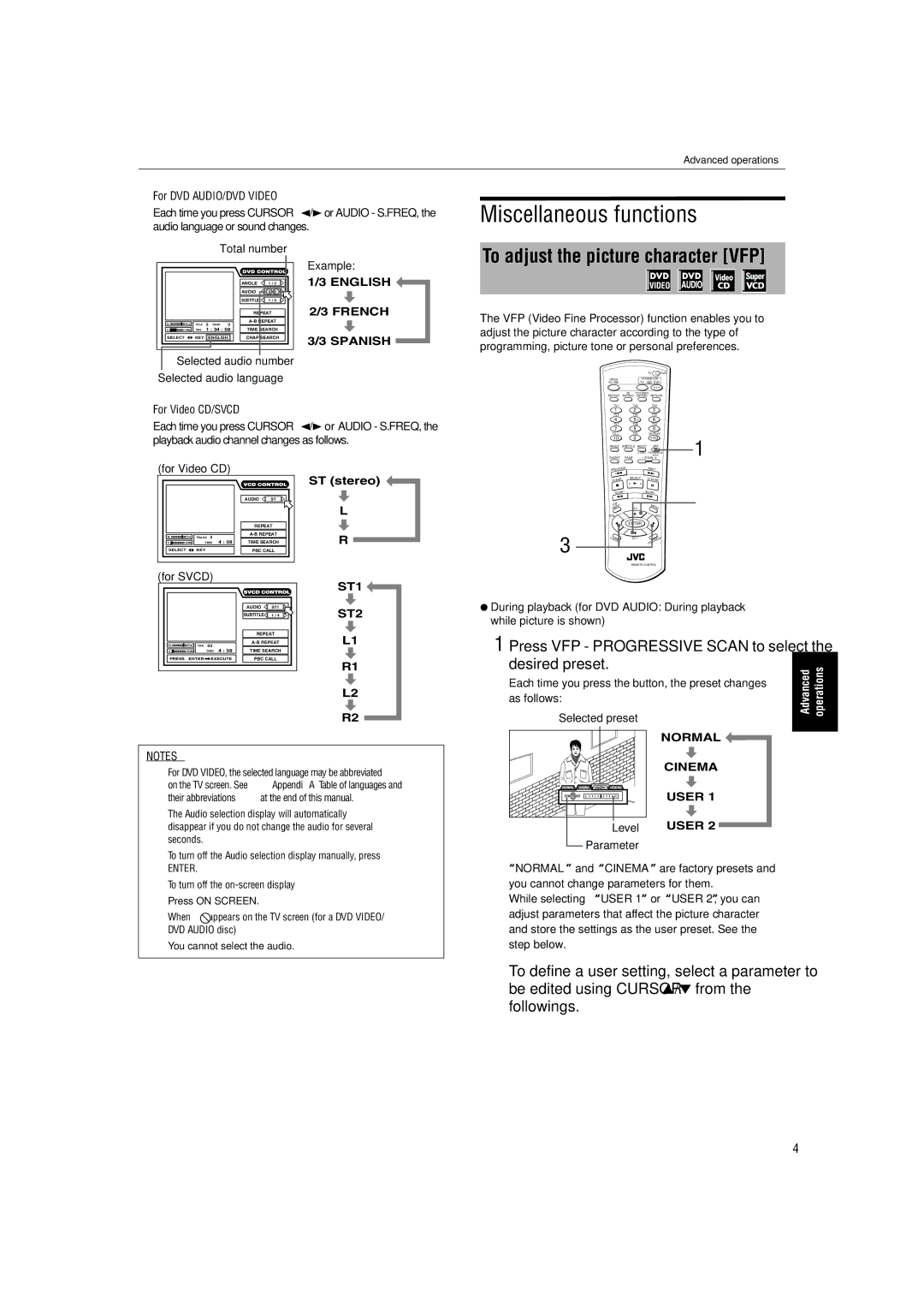 JVC XV-SA72SL manual Miscellaneous functions, To adjust the picture character VFP 