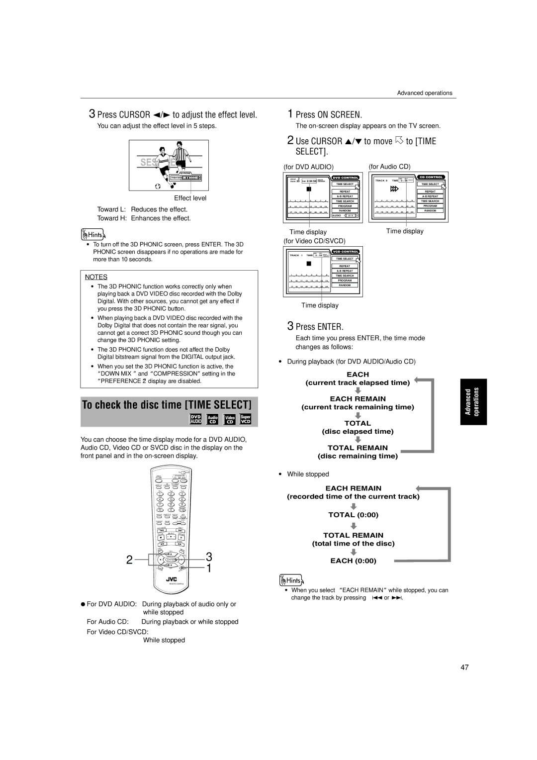 JVC XV-SA72SL manual Press Cursor 2/3 to adjust the effect level, Use Cursor 5/∞ to move to Time Select, While stopped 