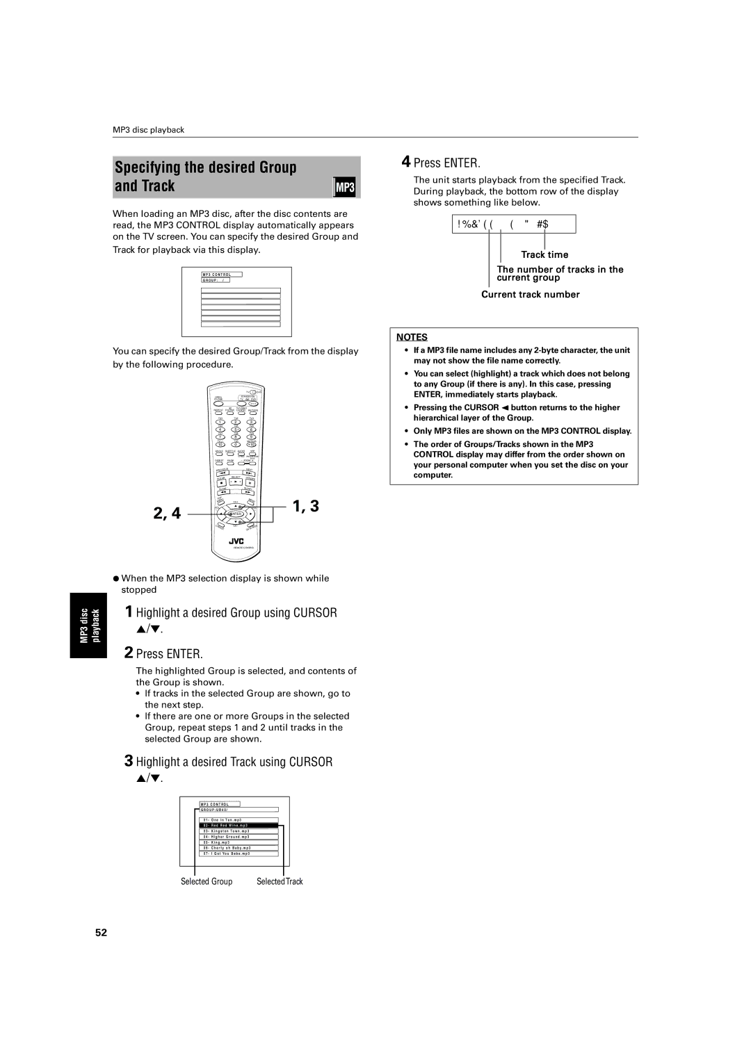 JVC XV-SA72SL Specifying the desired Group and Track, Highlight a desired Track using Cursor, Selected Group SelectedTrack 