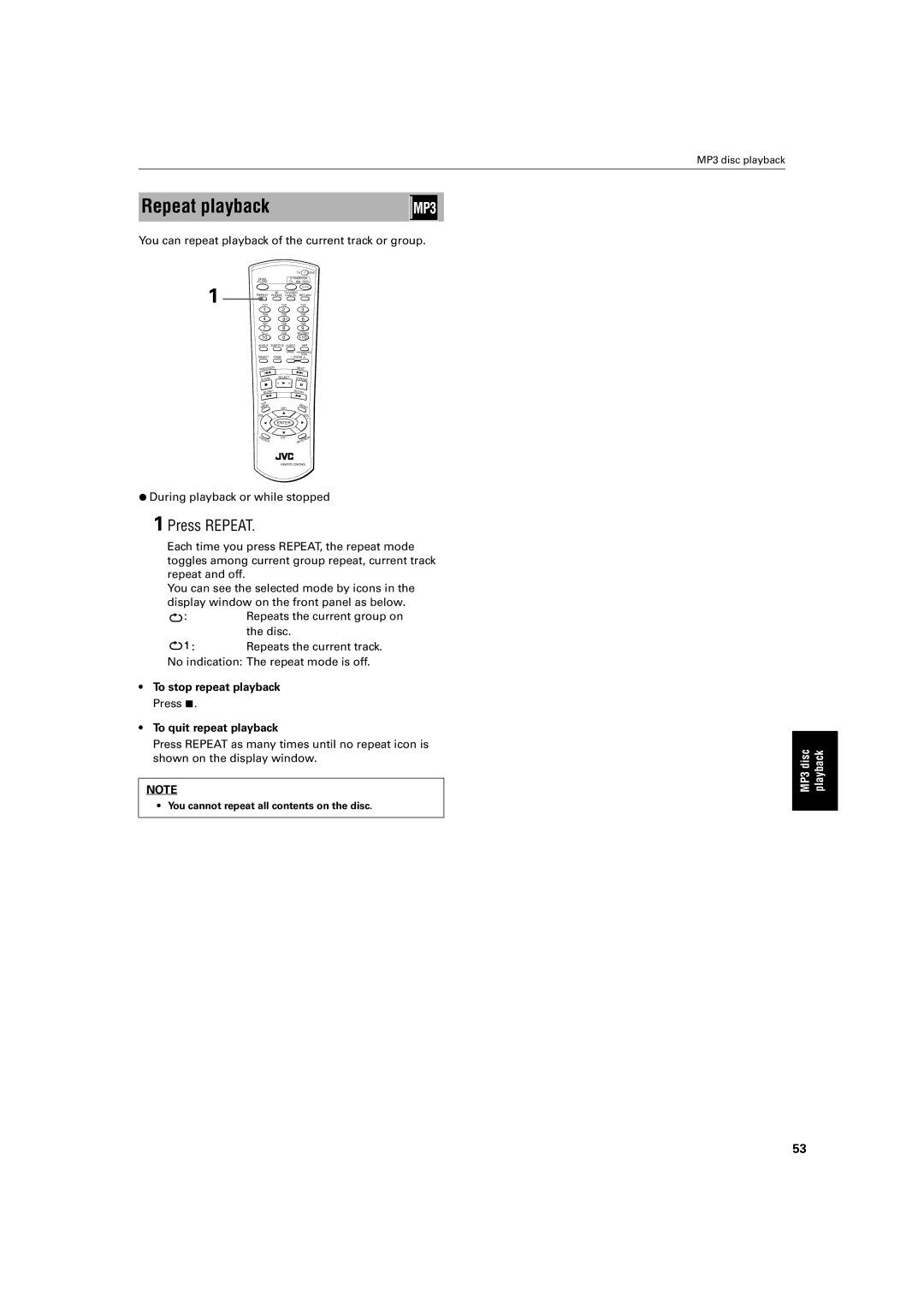 JVC XV-SA72SL Repeat playback, You can repeat playback of the current track or group, ¶ During playback or while stopped 