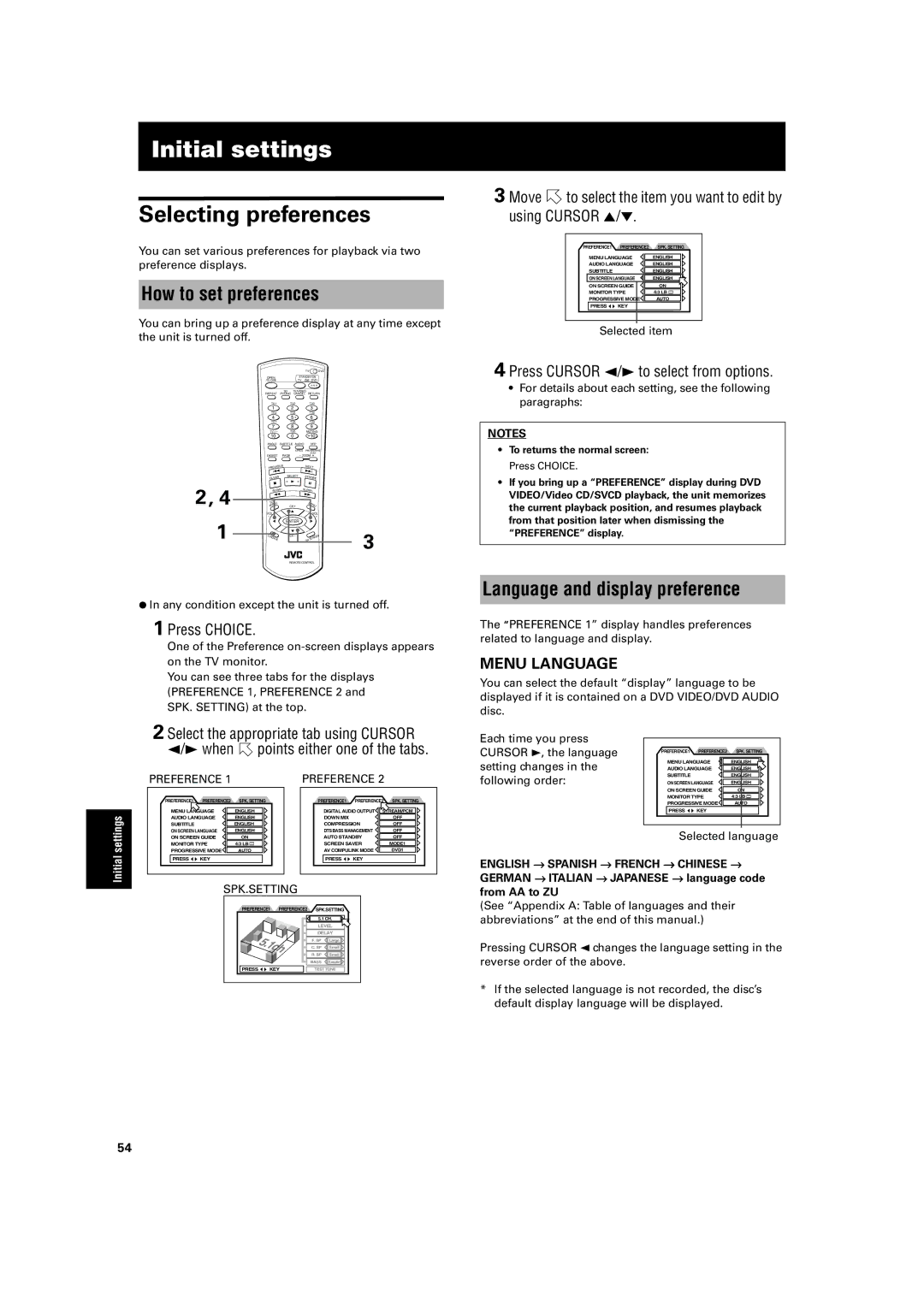 JVC XV-SA72SL manual Initial settings, Selecting preferences, How to set preferences, Language and display preference 