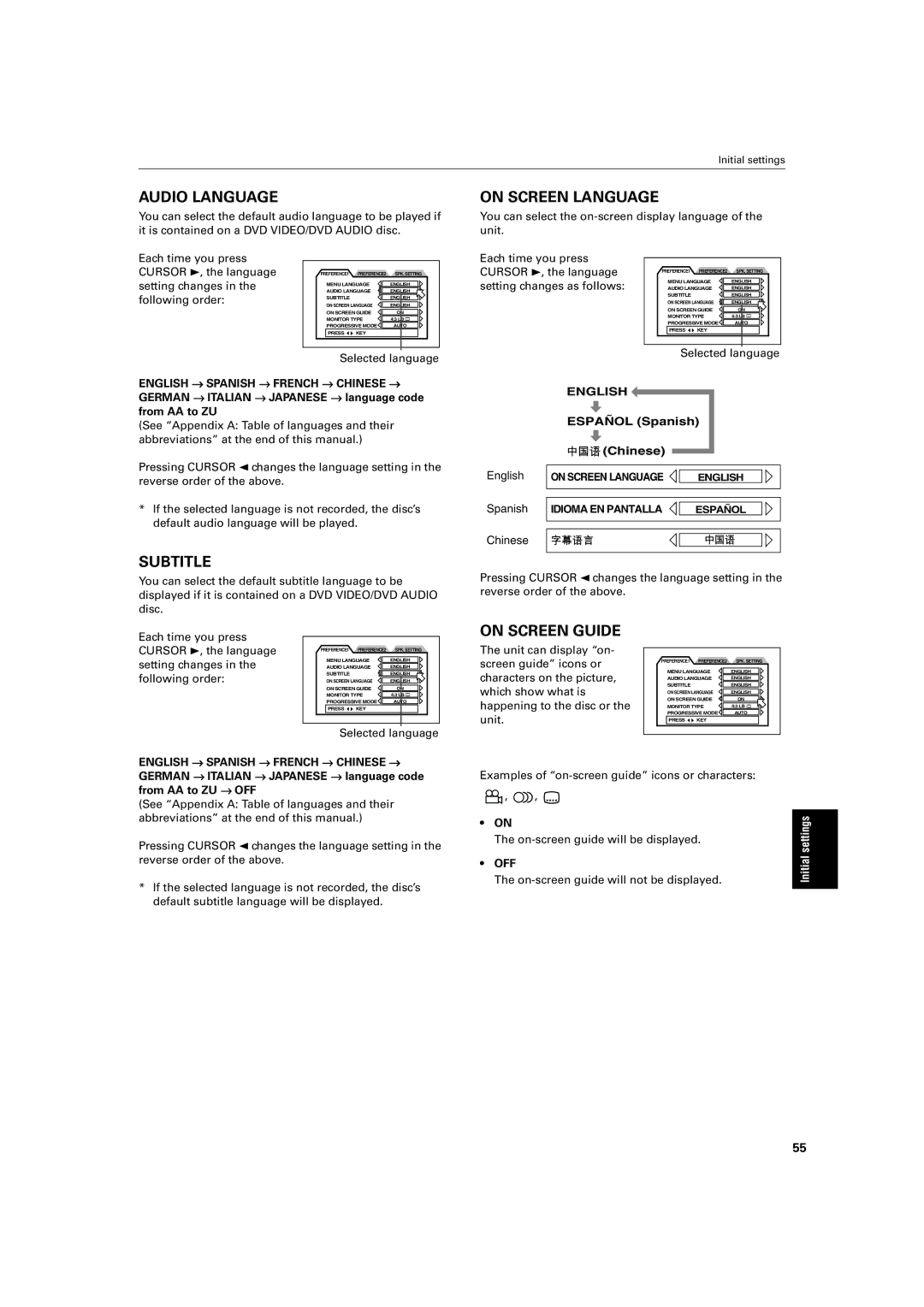 JVC XV-SA72SL manual Setting changes as follows, Unit can display on Screen guide icons or, Characters on the picture 