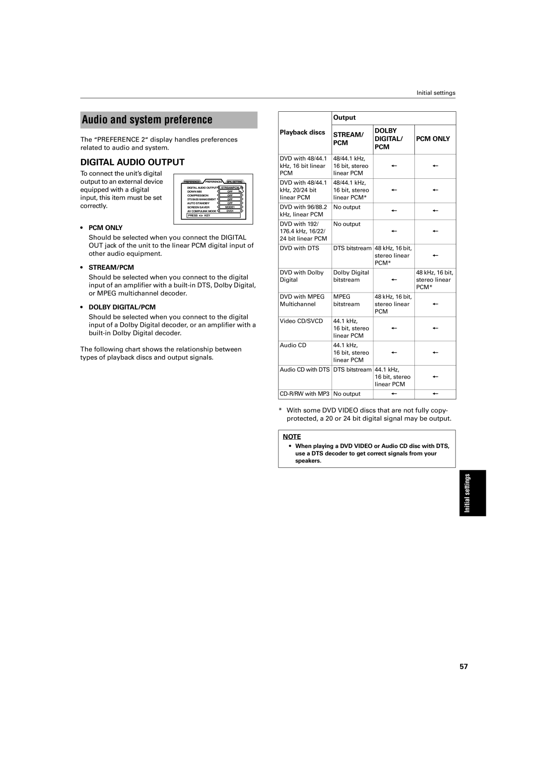 JVC XV-SA72SL manual Audio and system preference 