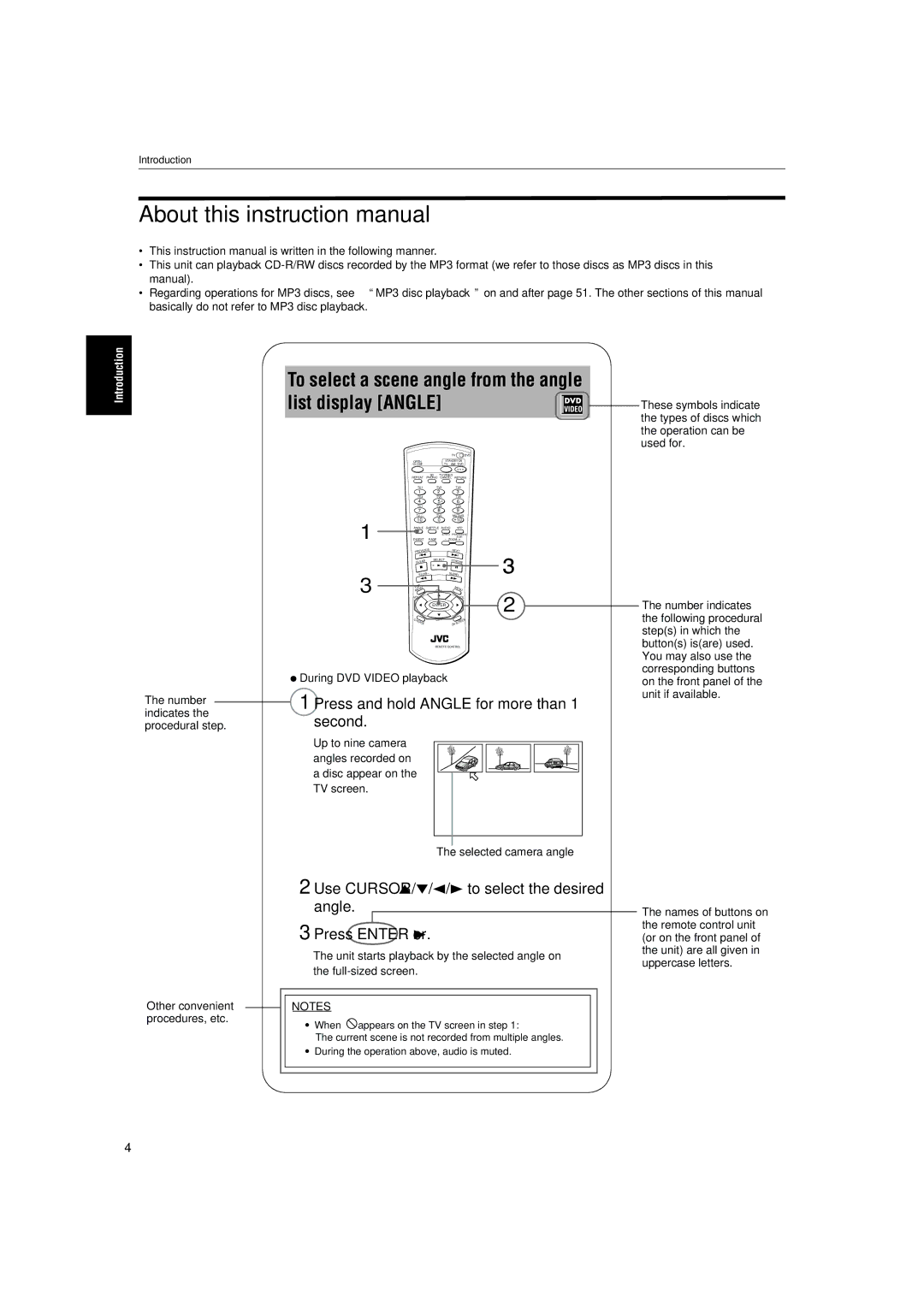 JVC XV-SA72SL manual To select a scene angle from the angle list display Angle, Press and hold Angle for more than 1 second 