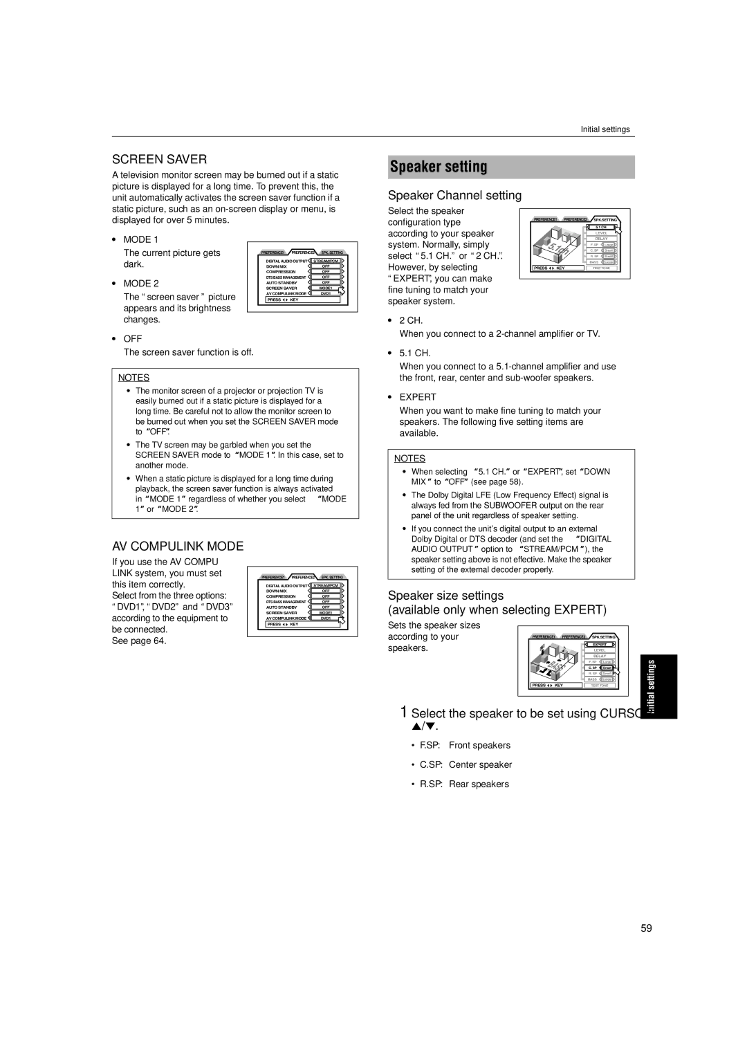 JVC XV-SA72SL manual Speaker setting, Speaker Channel setting, Speaker size settings Available only when selecting Expert 