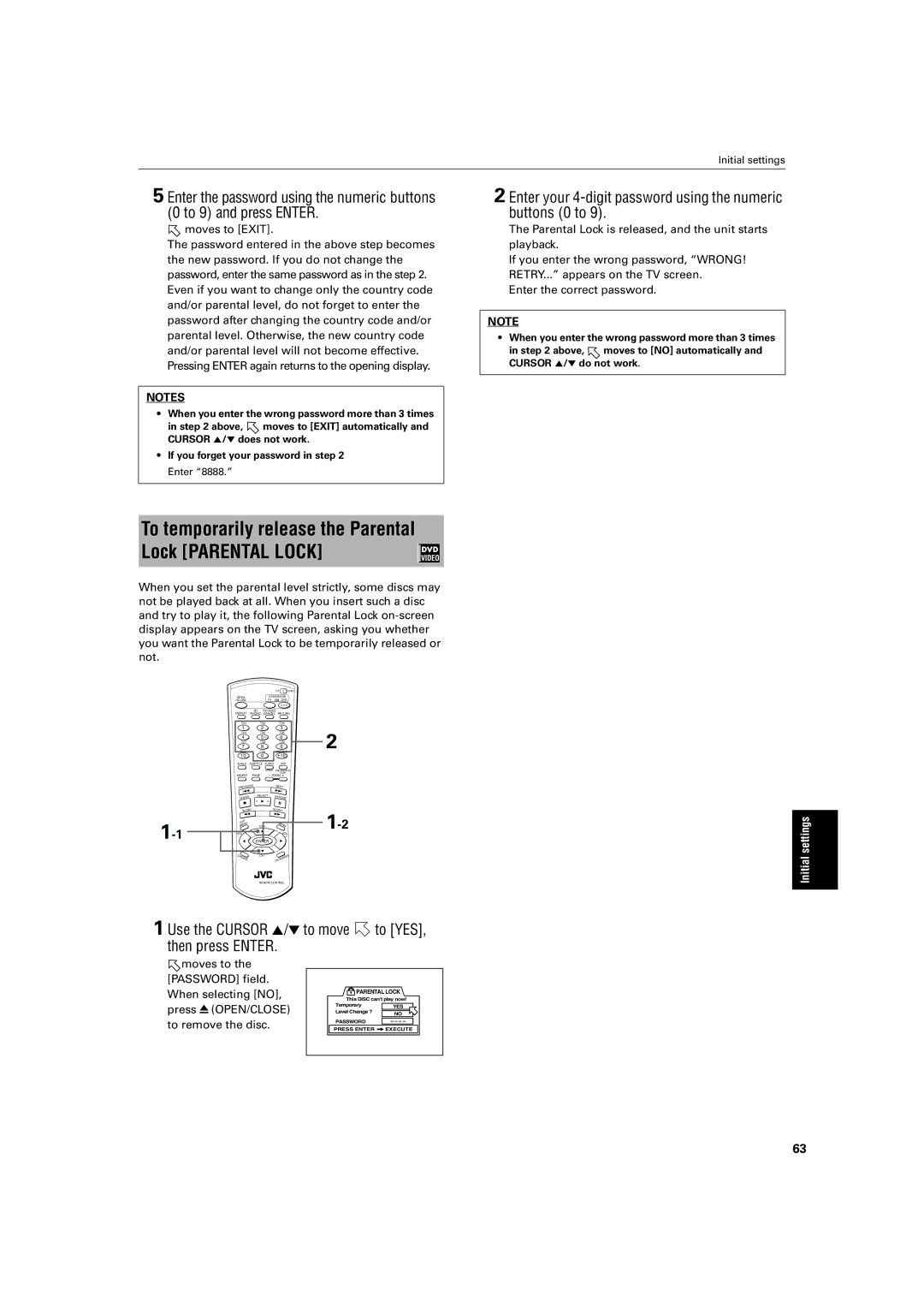 JVC XV-SA72SL manual Use the Cursor 5/∞ to move to YES, then press Enter, Moves to the Password field, When selecting no 