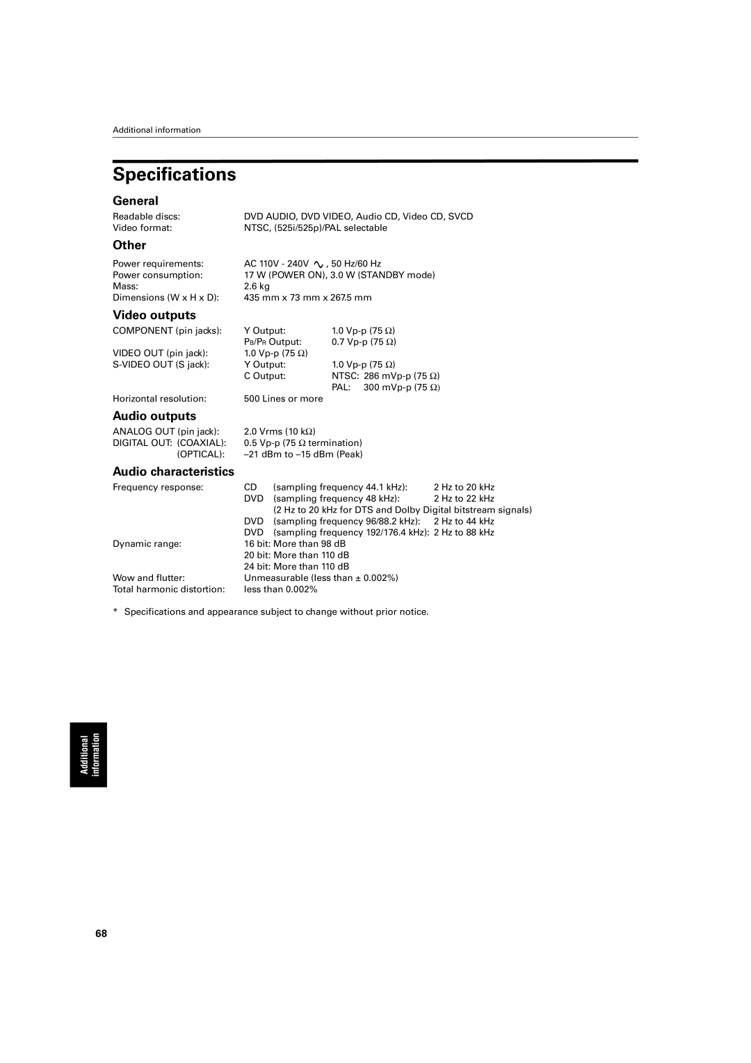 JVC XV-SA72SL manual Specifications 