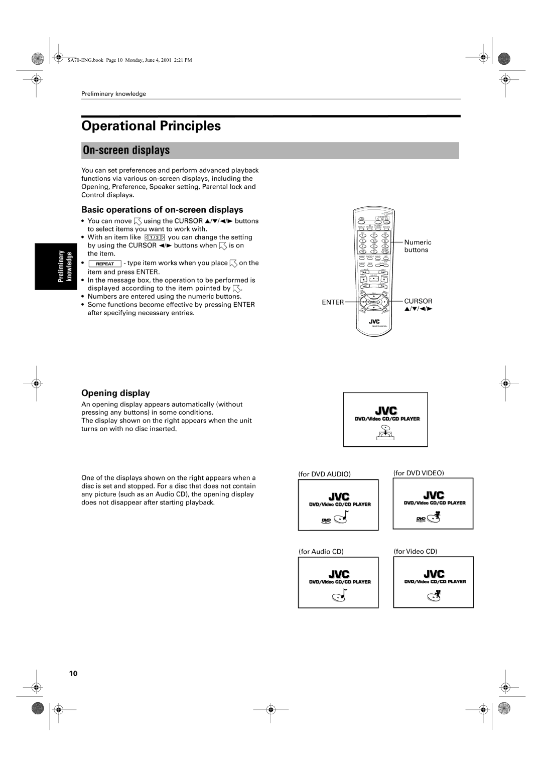 JVC XV-SA75GD manual Operational Principles, On-screen displays, Basic operations of on-screen displays, Opening display 