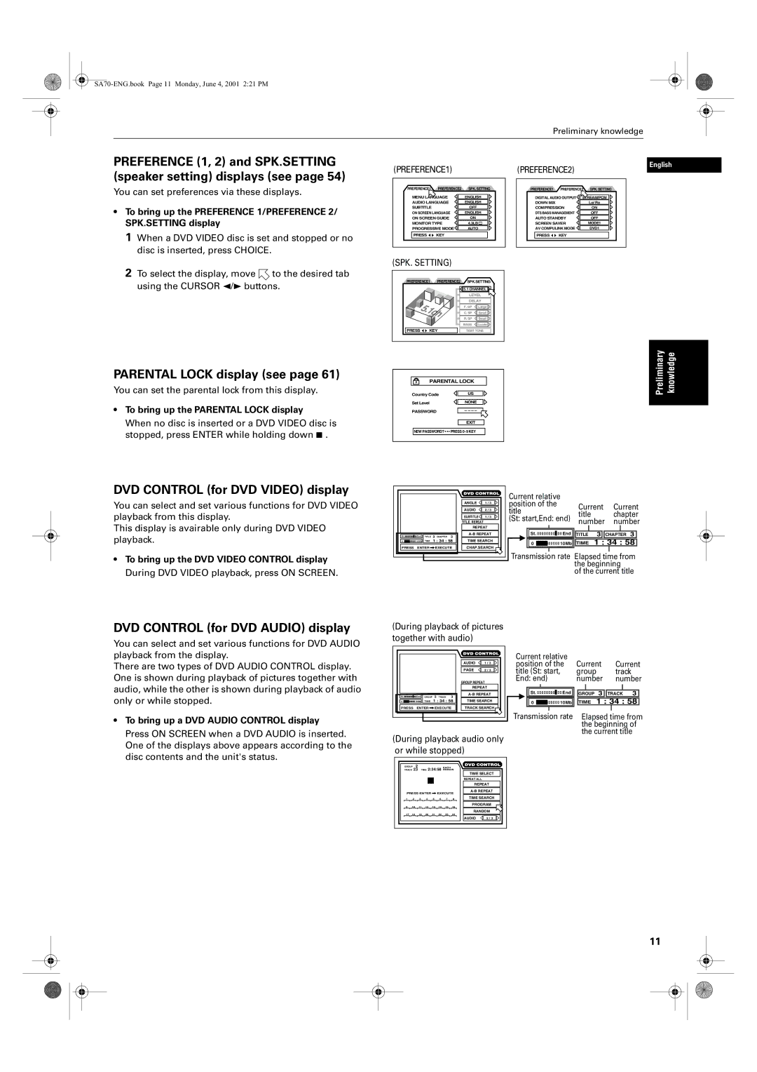 JVC XV-SA75GD manual Parental Lock display see, DVD Control for DVD Video display, DVD Control for DVD Audio display 