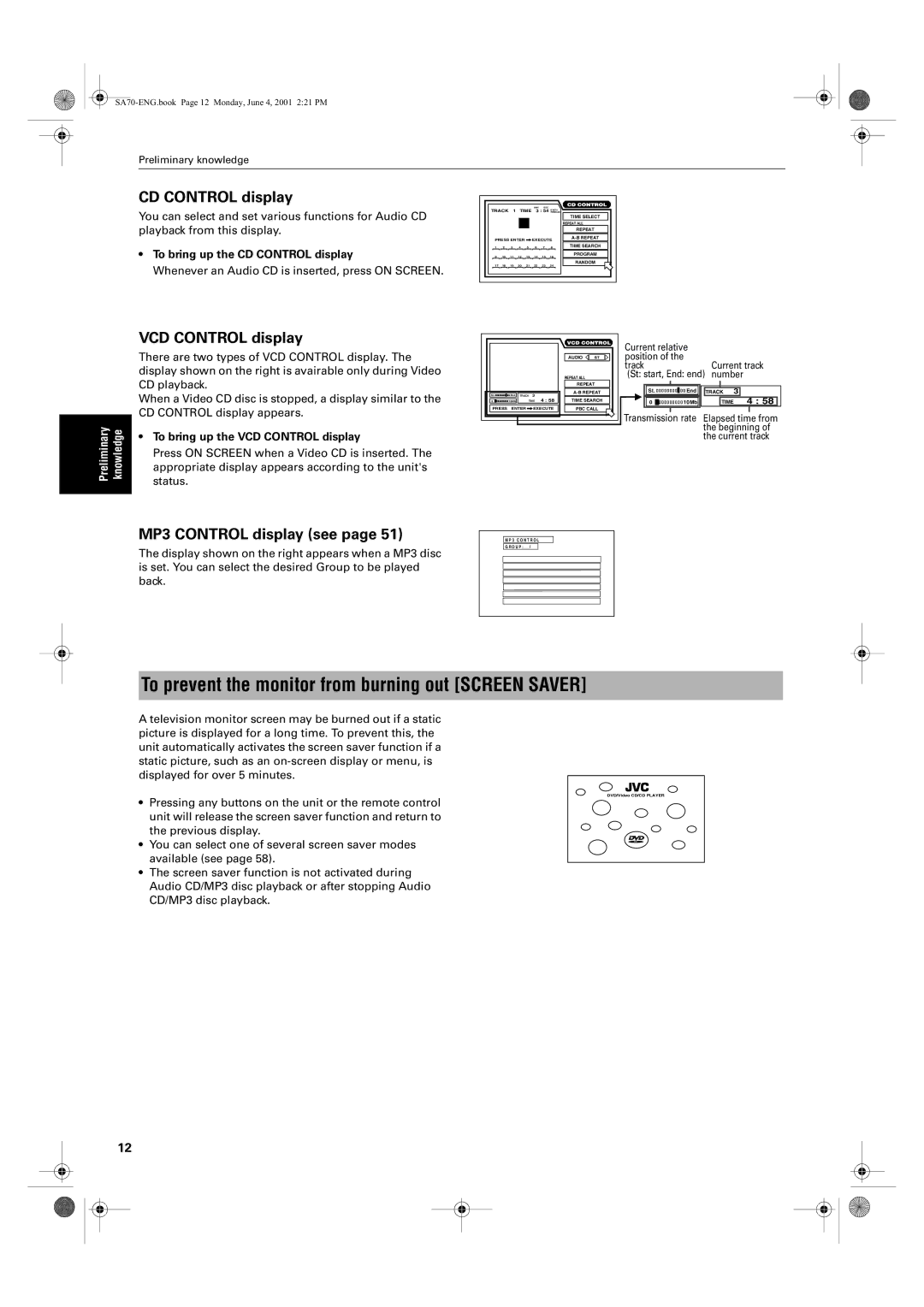 JVC XV-SA75GD manual To prevent the monitor from burning out Screen Saver, VCD Control display, MP3 Control display see 