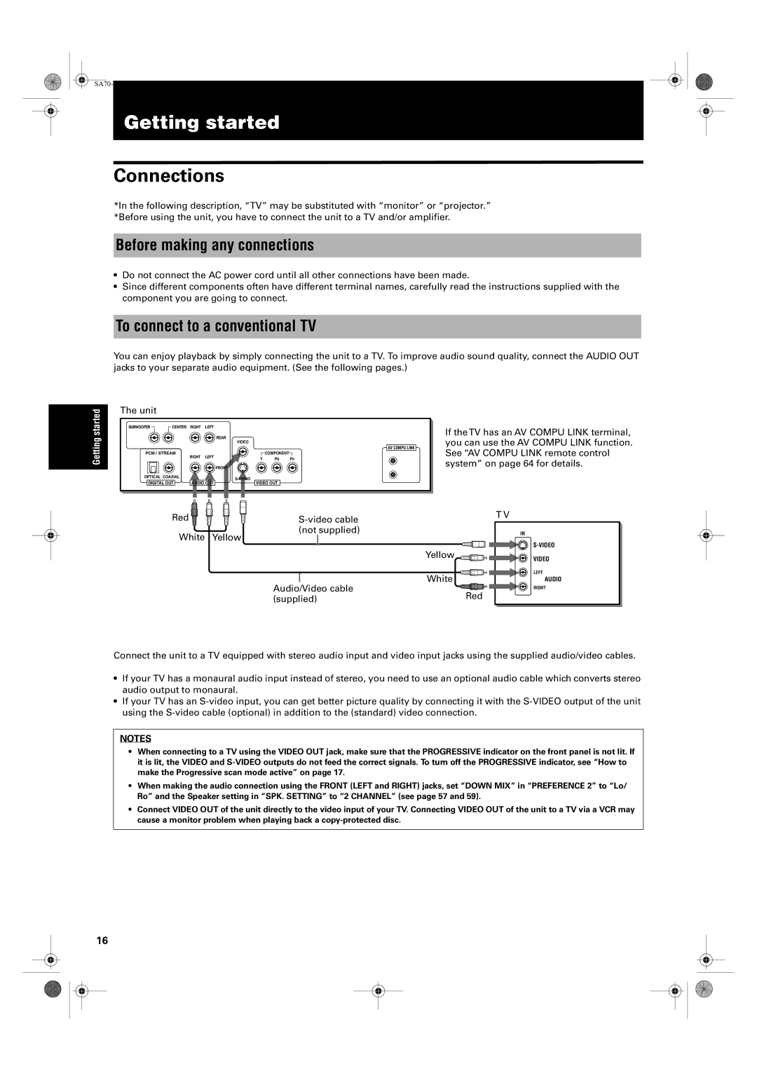 JVC XV-SA75GD manual Getting started, Connections, Before making any connections, To connect to a conventional TV 