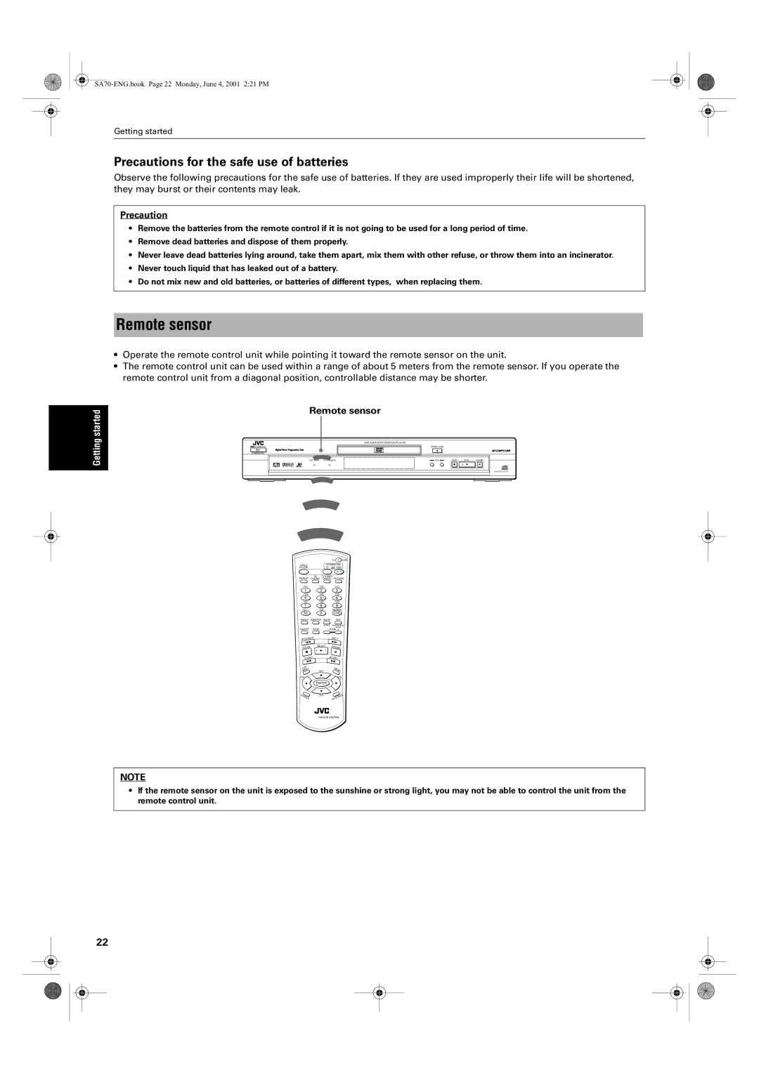 JVC XV-SA75GD manual Remote sensor, Precautions for the safe use of batteries 