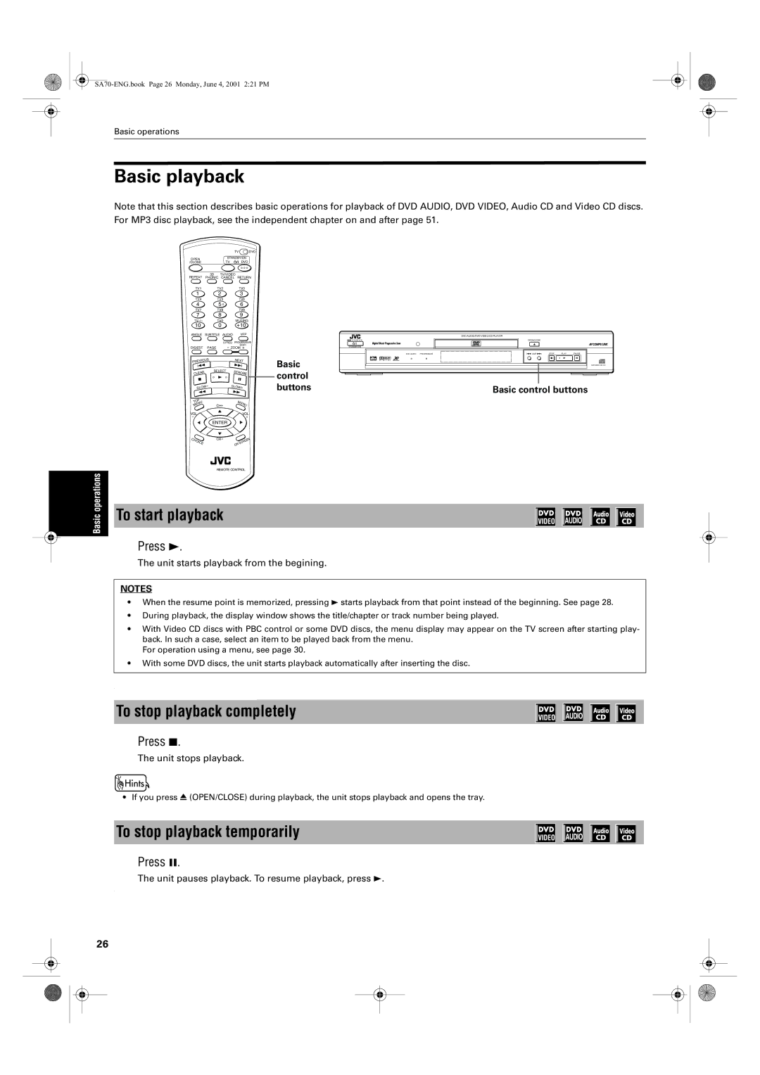 JVC XV-SA75GD manual Basic playback, To start playback, To stop playback completely, To stop playback temporarily, Press 