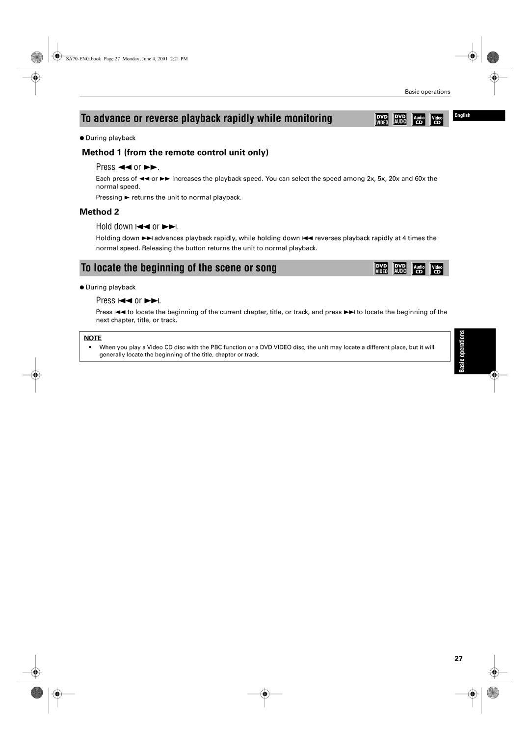 JVC XV-SA75GD manual To advance or reverse playback rapidly while monitoring, To locate the beginning of the scene or song 