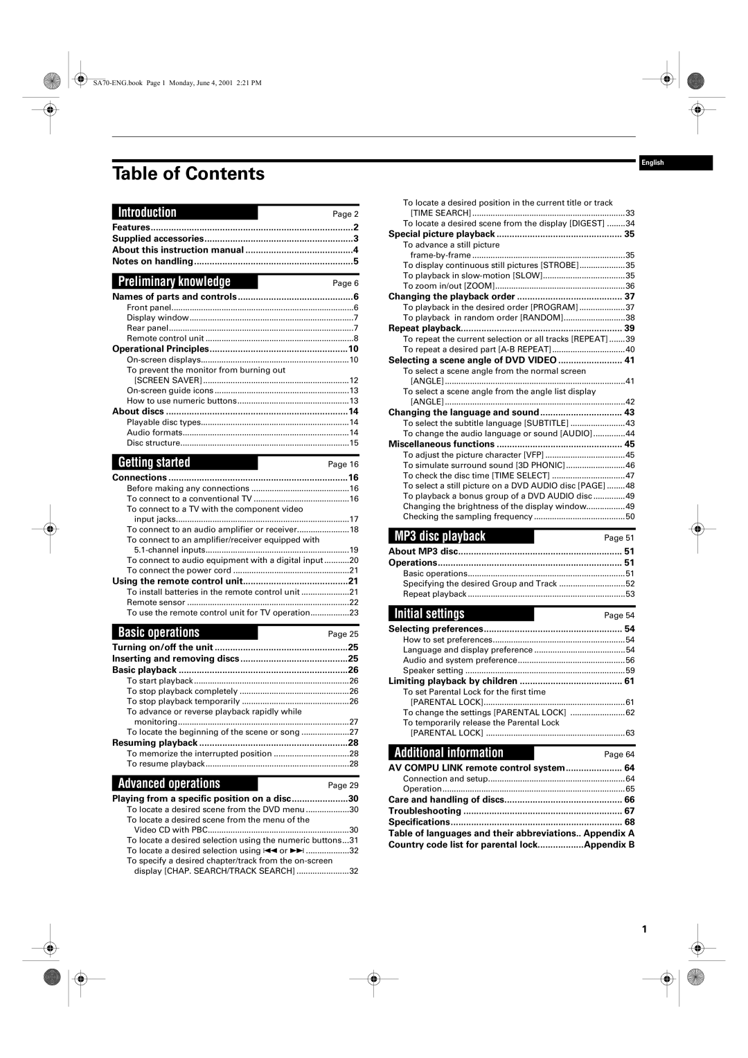 JVC XV-SA75GD manual Table of Contents 