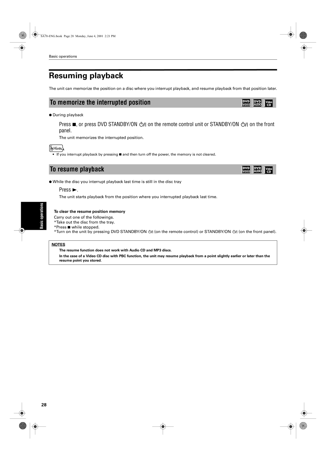 JVC XV-SA75GD manual Resuming playback, To memorize the interrupted position, To resume playback 