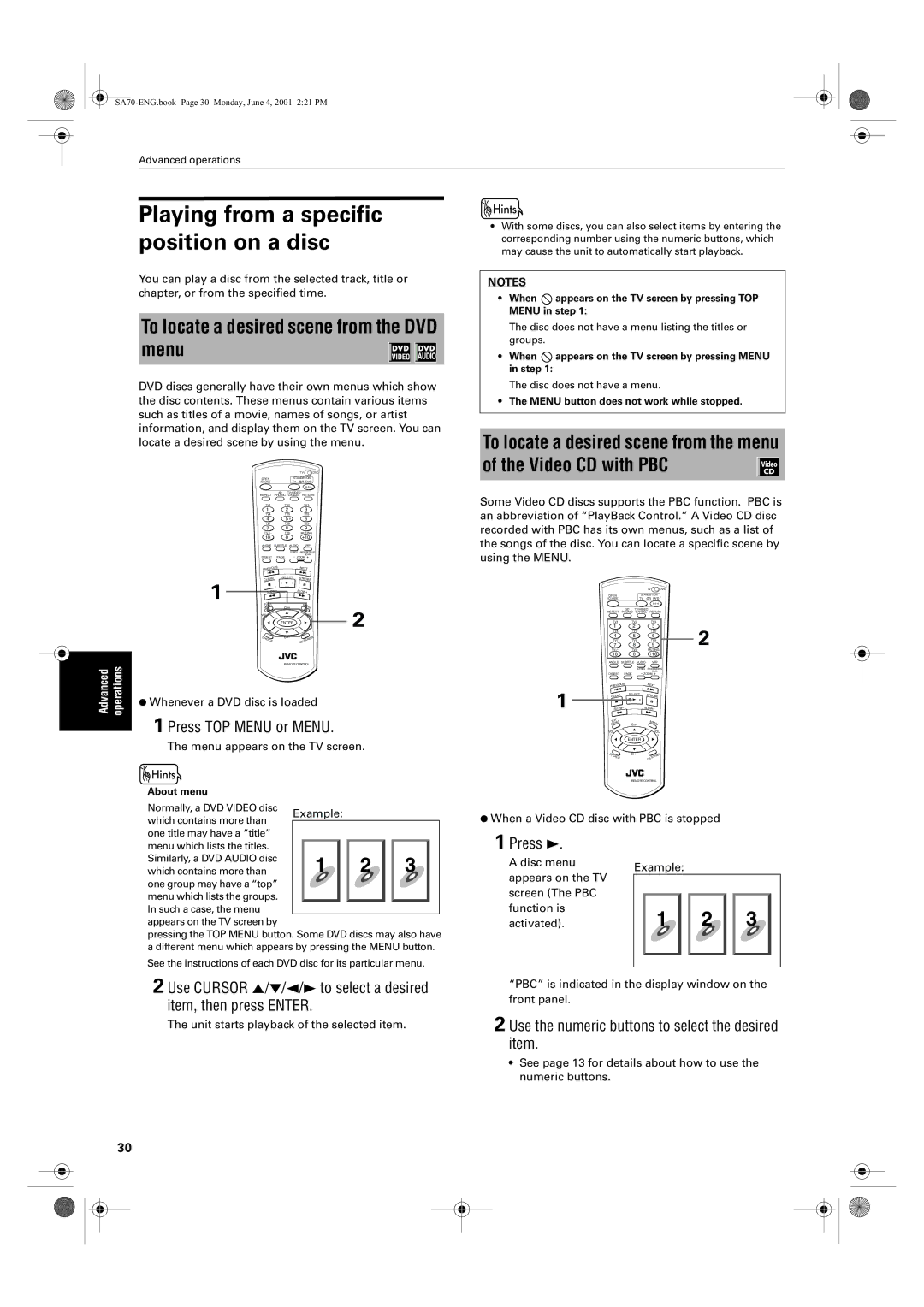 JVC XV-SA75GD manual To locate a desired scene from the DVD menu, Press TOP Menu or Menu, ¶ Whenever a DVD disc is loaded 