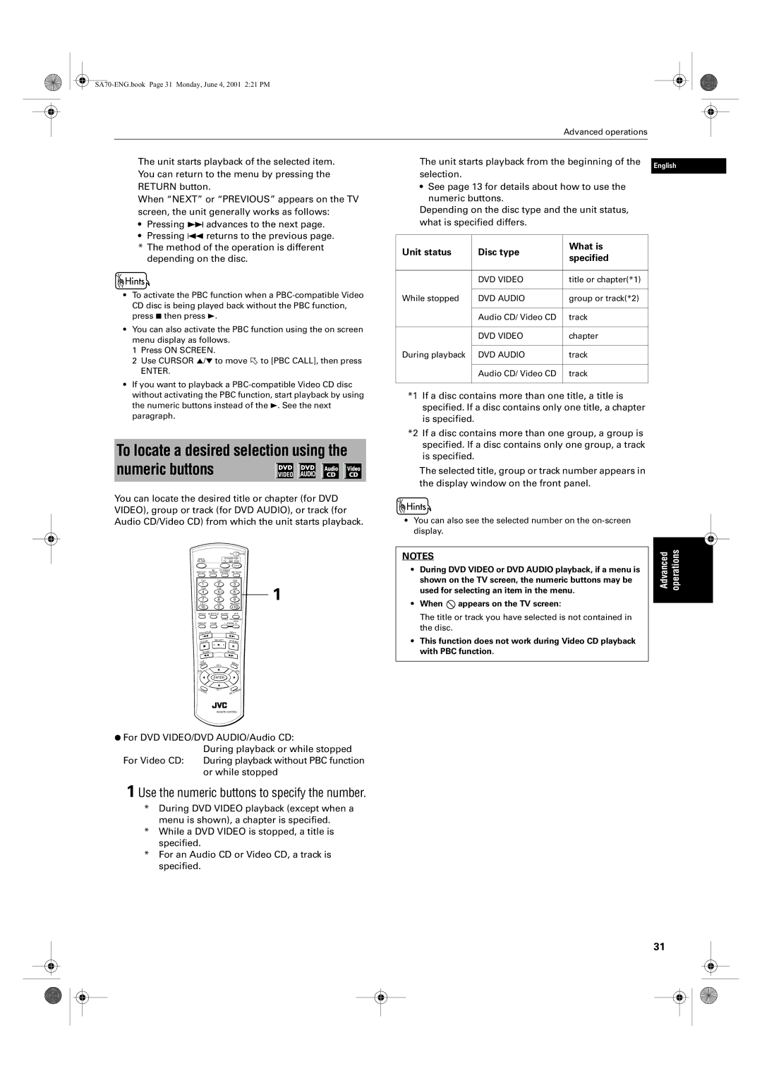 JVC XV-SA75GD manual Use the numeric buttons to specify the number, Unit starts playback from the beginning, Selection 