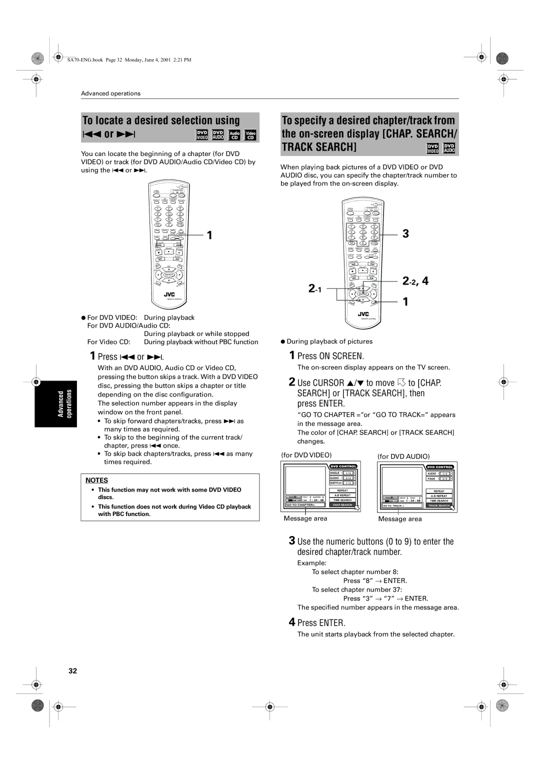 JVC XV-SA75GD manual To locate a desired selection using 4 or ¢, Press on Screen, Press Enter, Message area For DVD Audio 