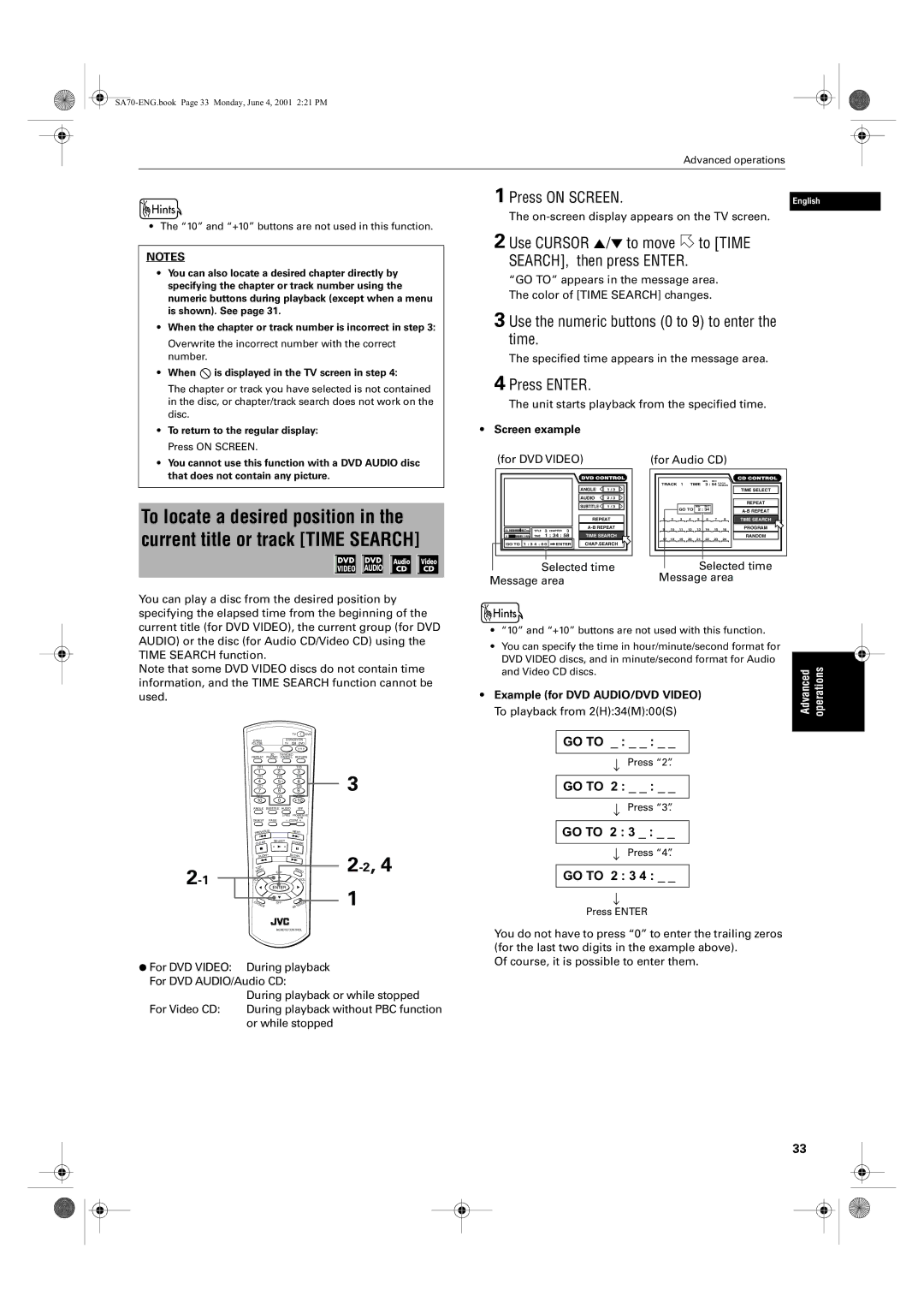 JVC XV-SA75GD Use Cursor 5/∞ to move to Time SEARCH, then press Enter, Use the numeric buttons 0 to 9 to enter the time 