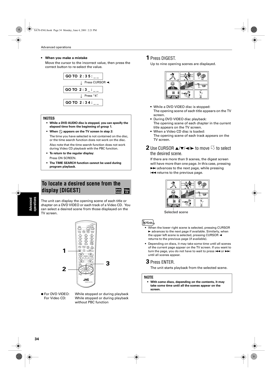 JVC XV-SA75GD manual To locate a desired scene from the display Digest, Press Digest, When you make a mistake 