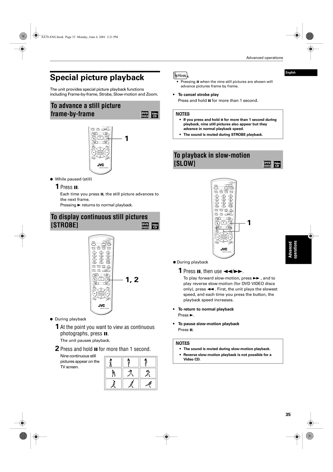 JVC XV-SA75GD manual Special picture playback, To playback in slow-motion Slow, To display continuous still pictures Strobe 