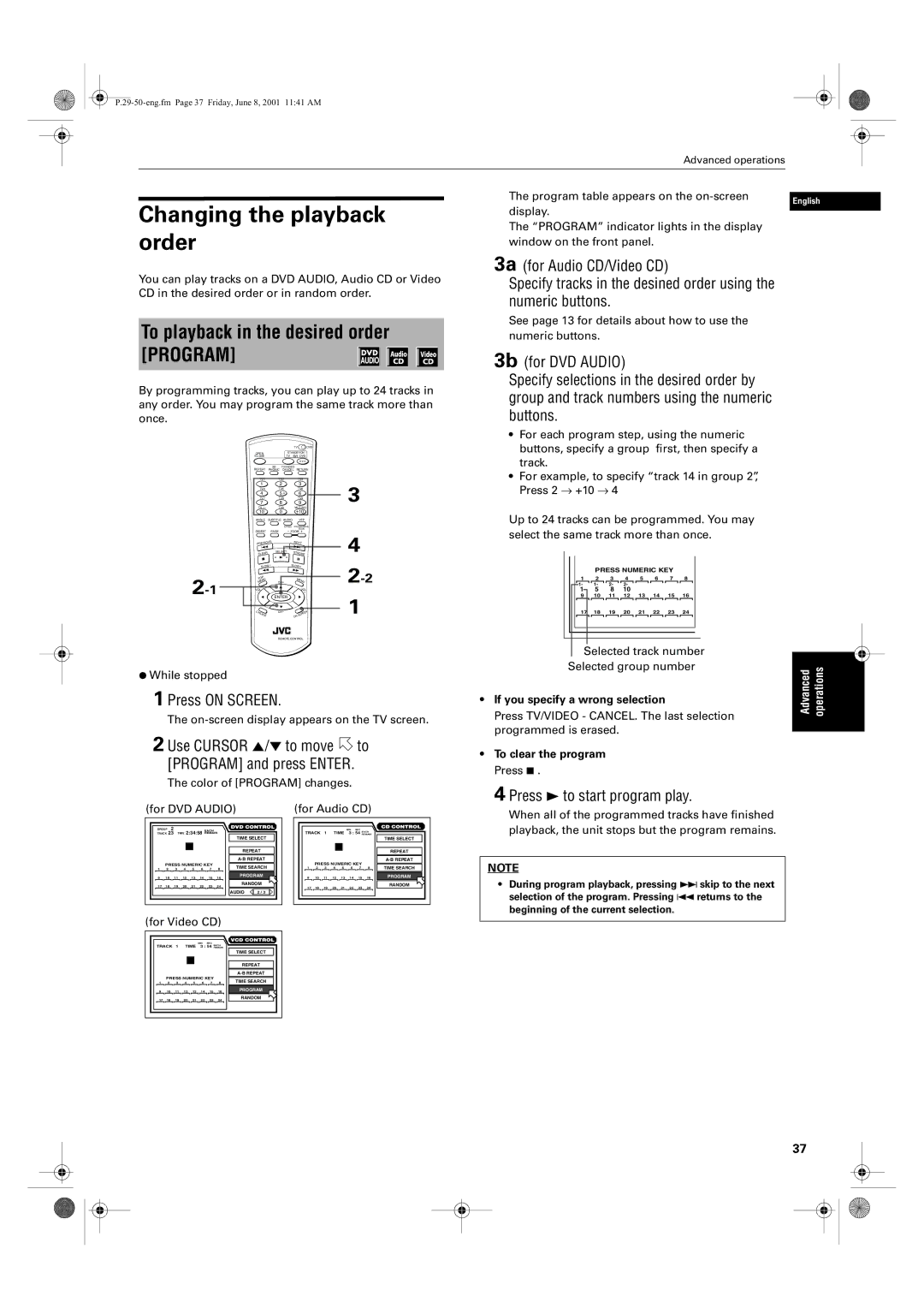 JVC XV-SA75GD manual Changing the playback order, To playback in the desired order Program 