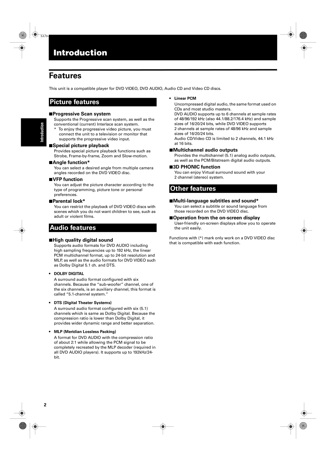 JVC XV-SA75GD manual Introduction, Features, Dolby Digital 