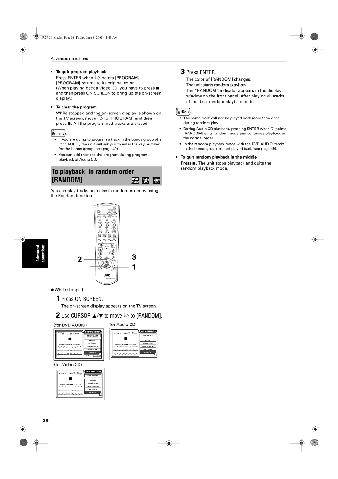 JVC XV-SA75GD manual To playback in random order Random, Use Cursor 5/∞ to move to Random, To quit program playback 