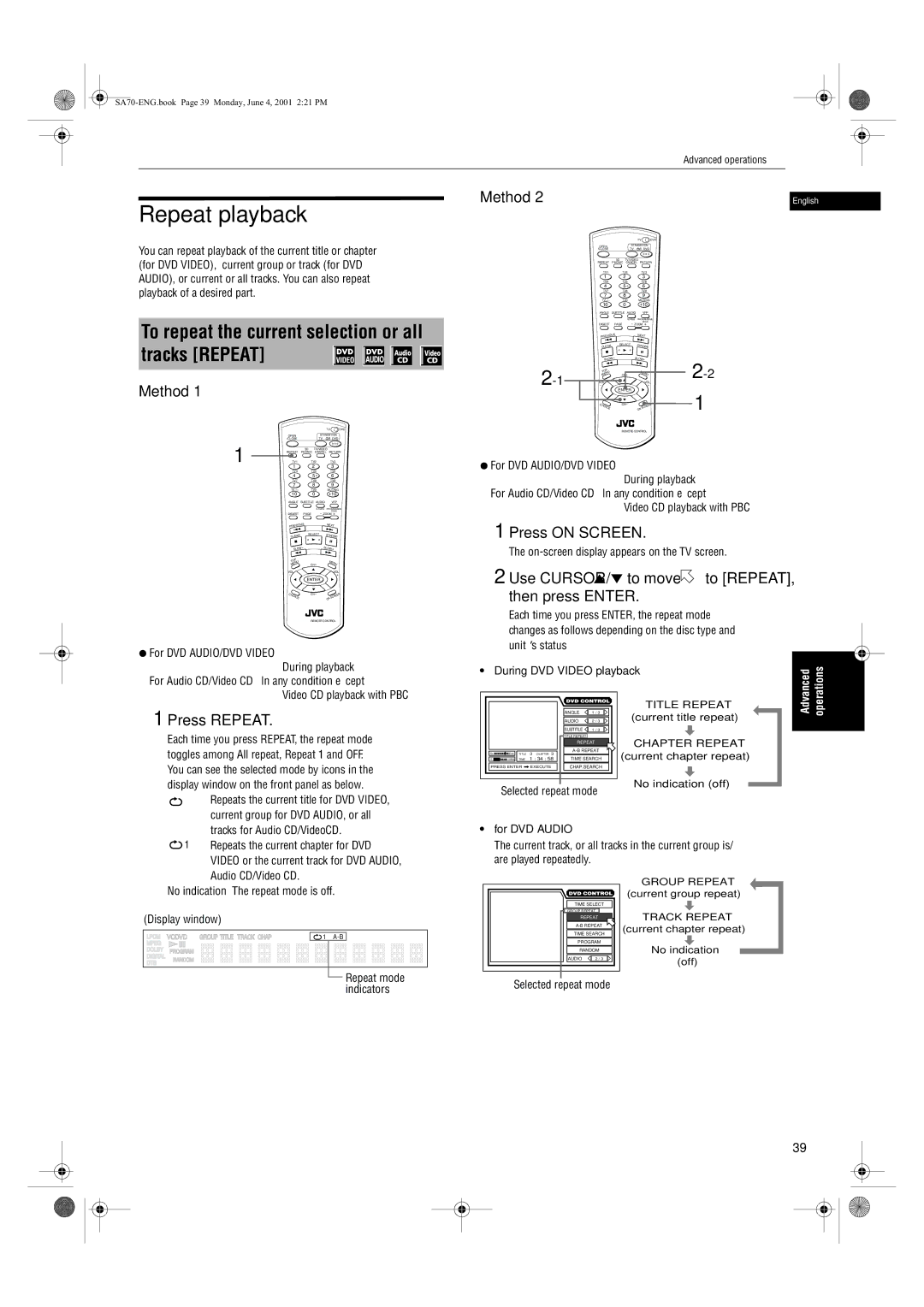 JVC XV-SA75GD manual Repeat playback, To repeat the current selection or all tracks Repeat, Press Repeat 